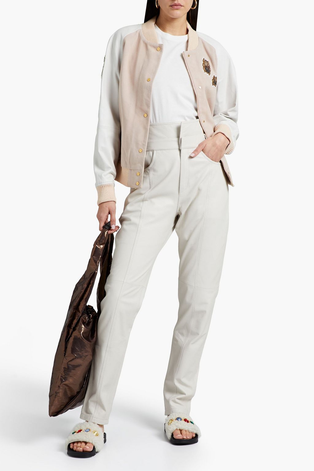 SEMSEM Embellished leather-paneled suede bomber jacket