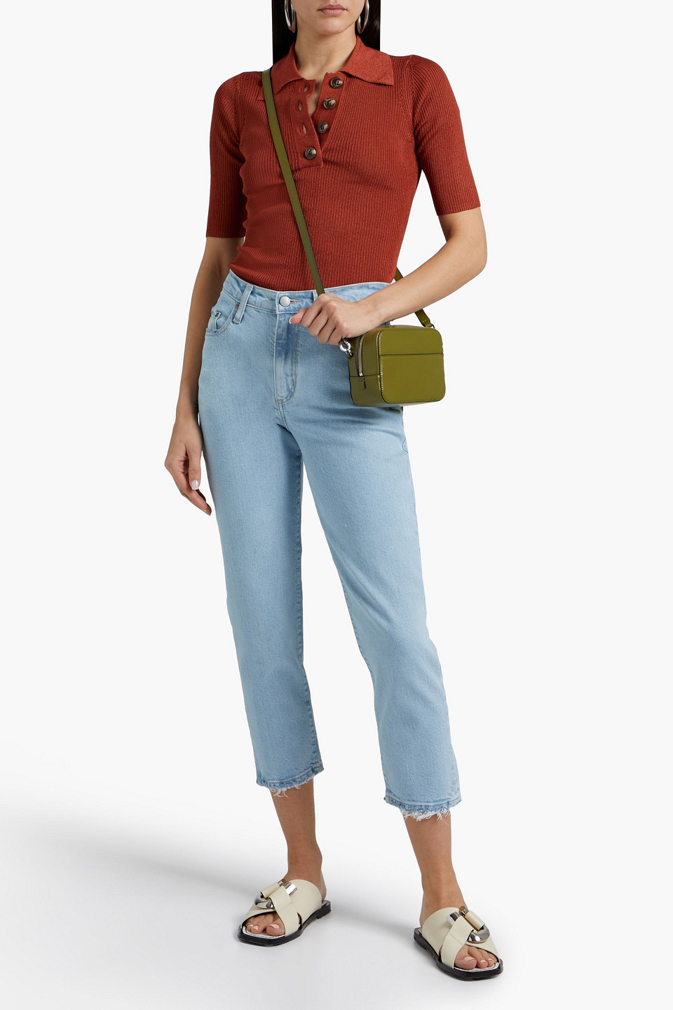 Nobody Denim Pointelle-trimmed Ribbed-knit Polo Shirt In Red