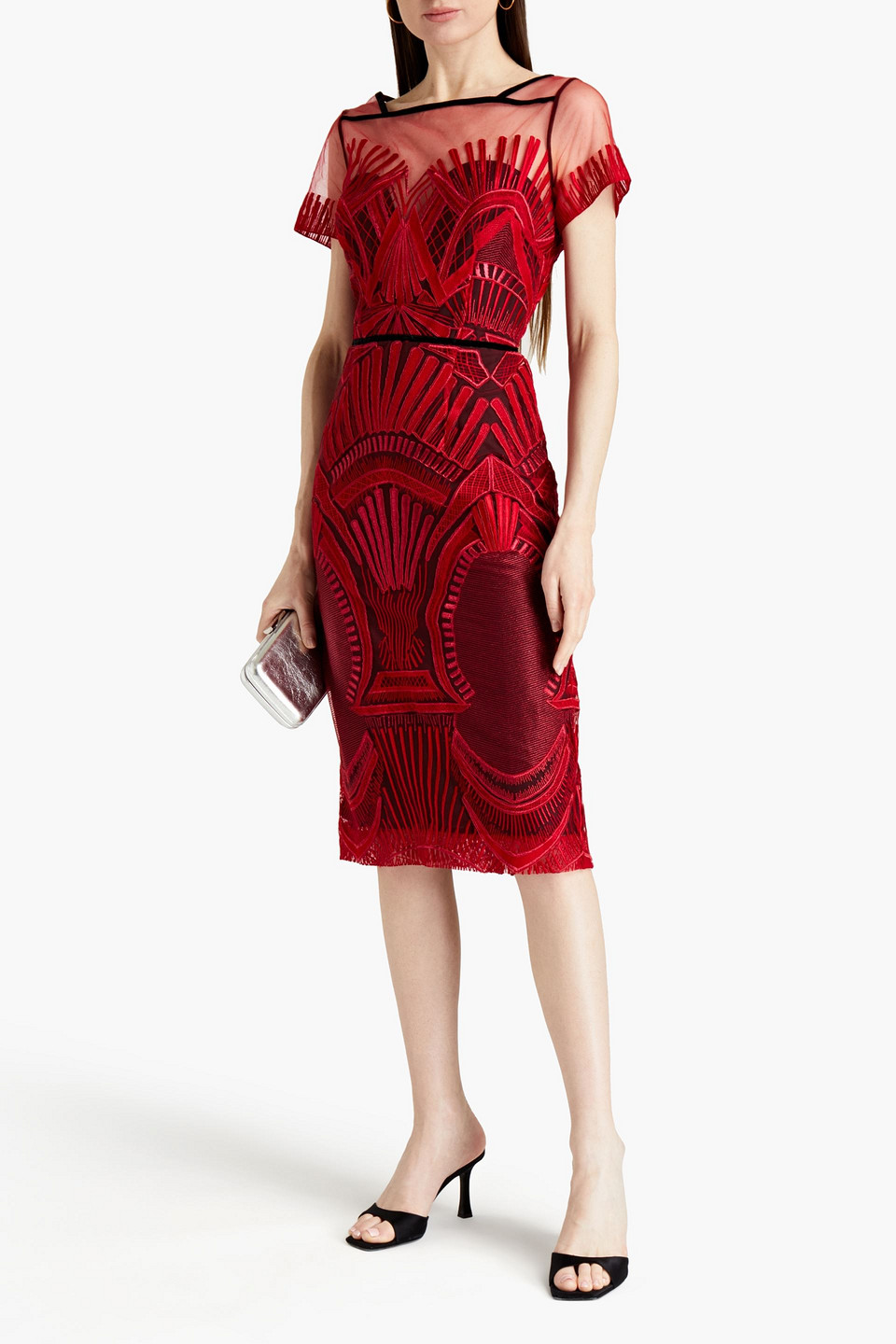 Amanda Wakeley Embroidered Metallic Tulle Dress In Red