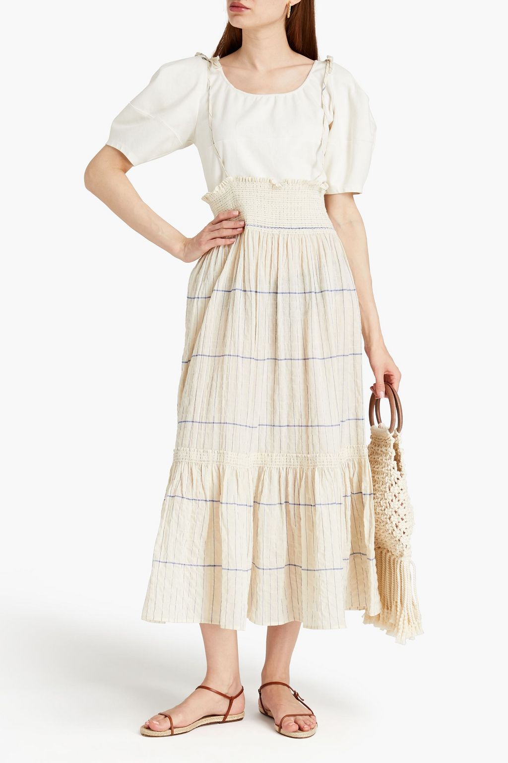 Cream Smocked striped cotton-blend gauze midi skirt | TORY BURCH | THE  OUTNET