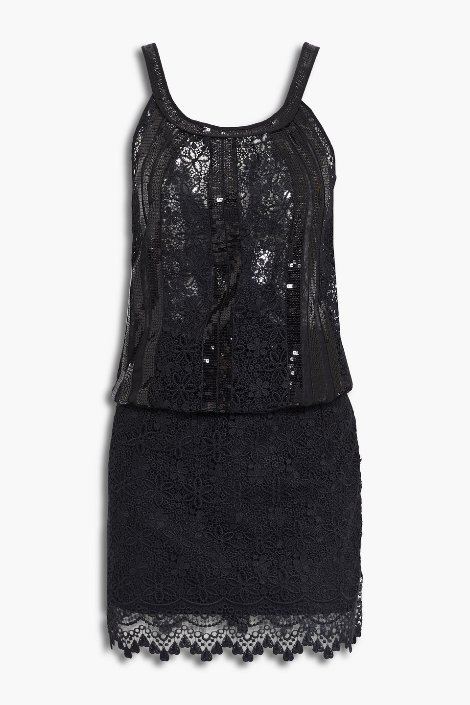 Sequin-trimmed voile-paneled crocheted lace mini dress