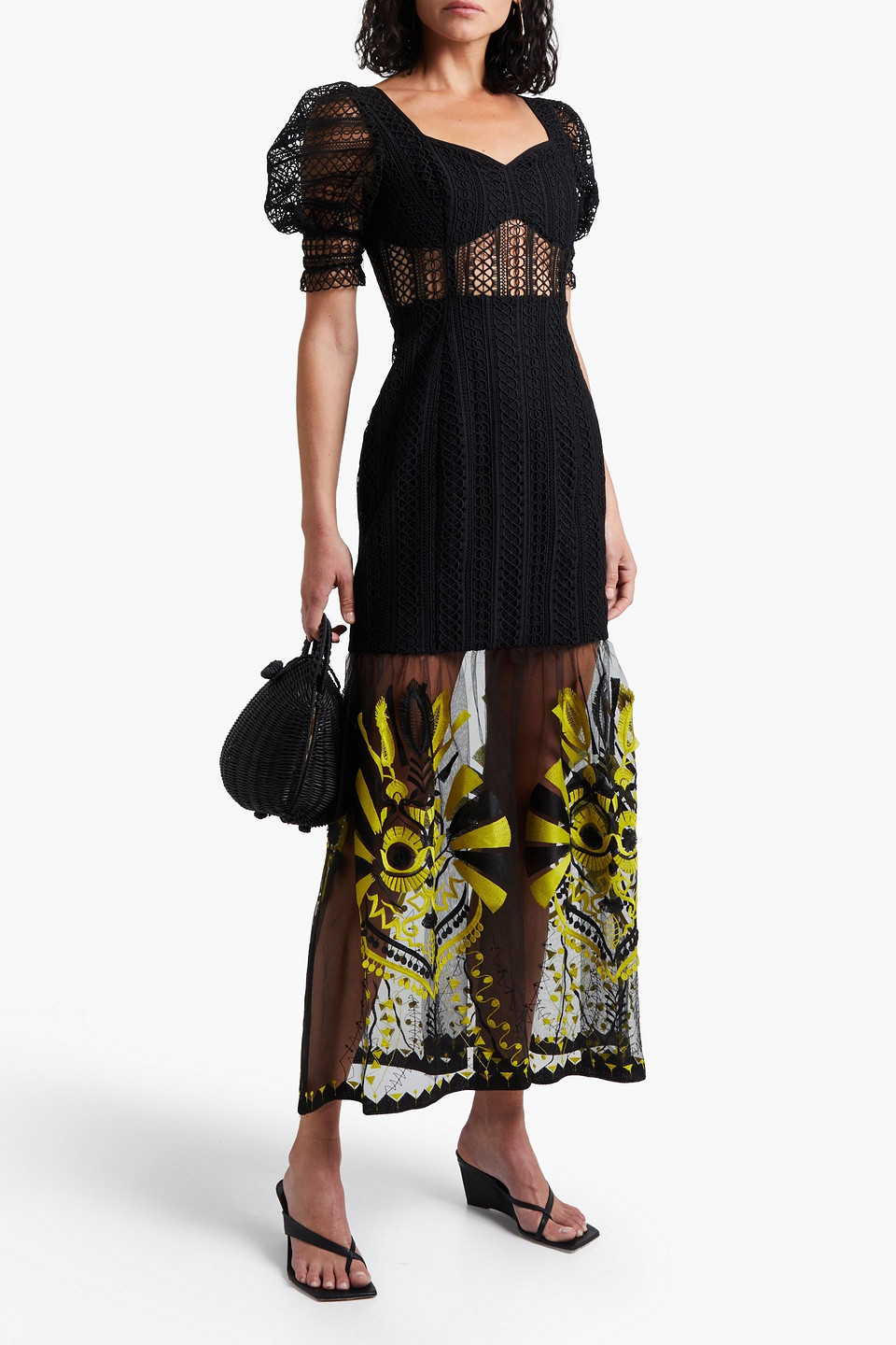 Charo Ruiz Embroidered Tulle-paneled Guipure Lace Maxi Dress In Black