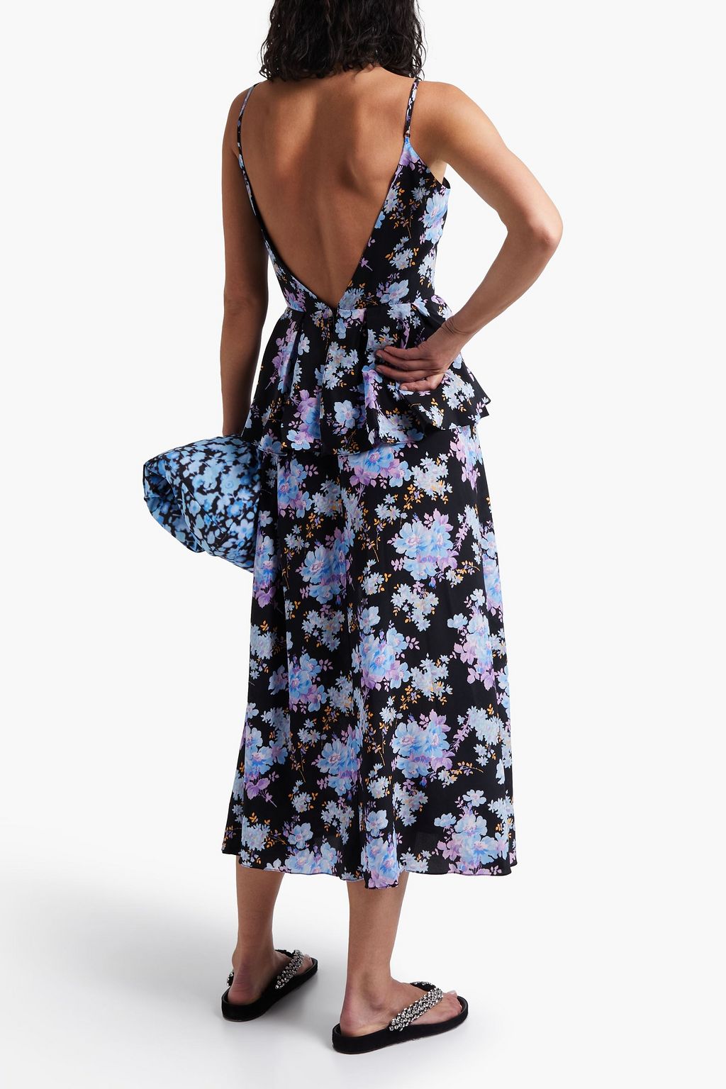 LES RÊVERIES Floral-print silk crepe de chine peplum midi dress