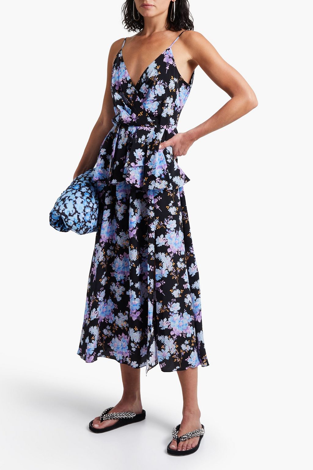 LES RÊVERIES Floral-print silk crepe de chine peplum midi dress