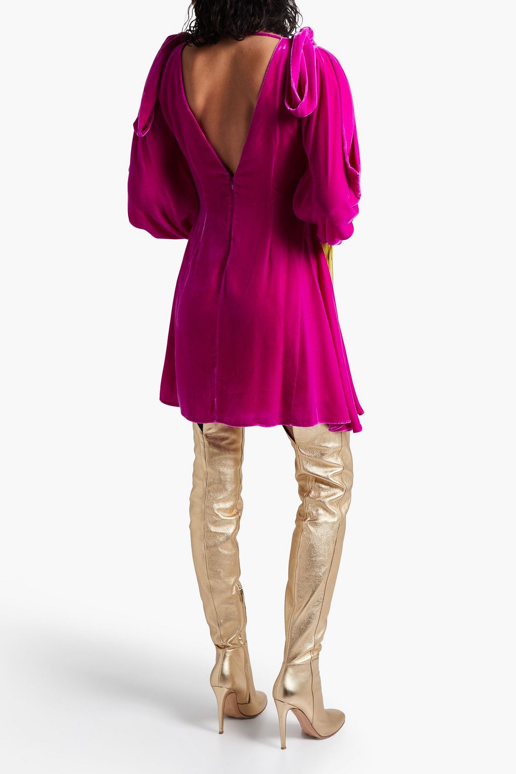 LES RÊVERIES Cold-shoulder bow-embellished draped velvet mini dress