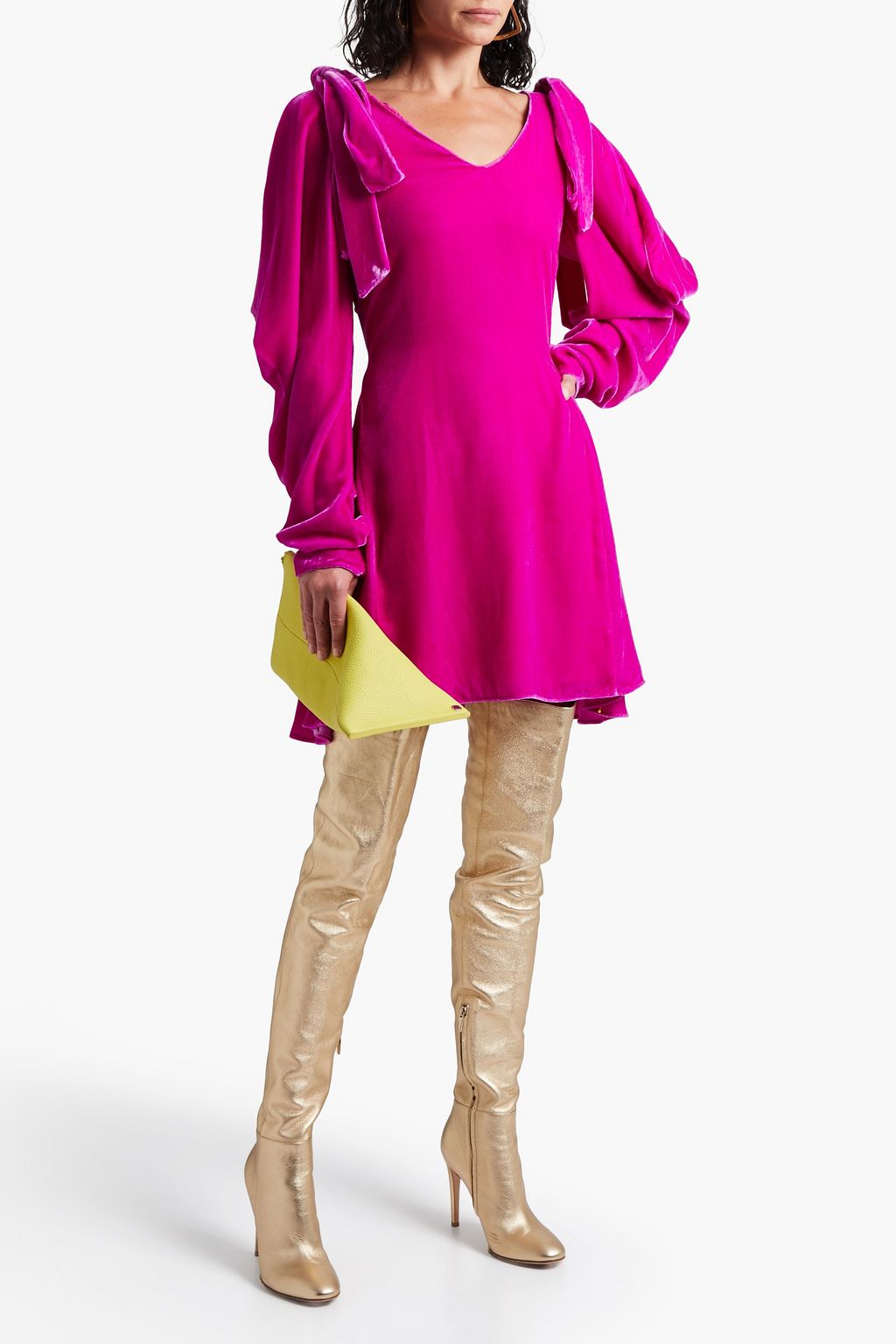 LES RÊVERIES Cold-shoulder bow-embellished draped velvet mini dress