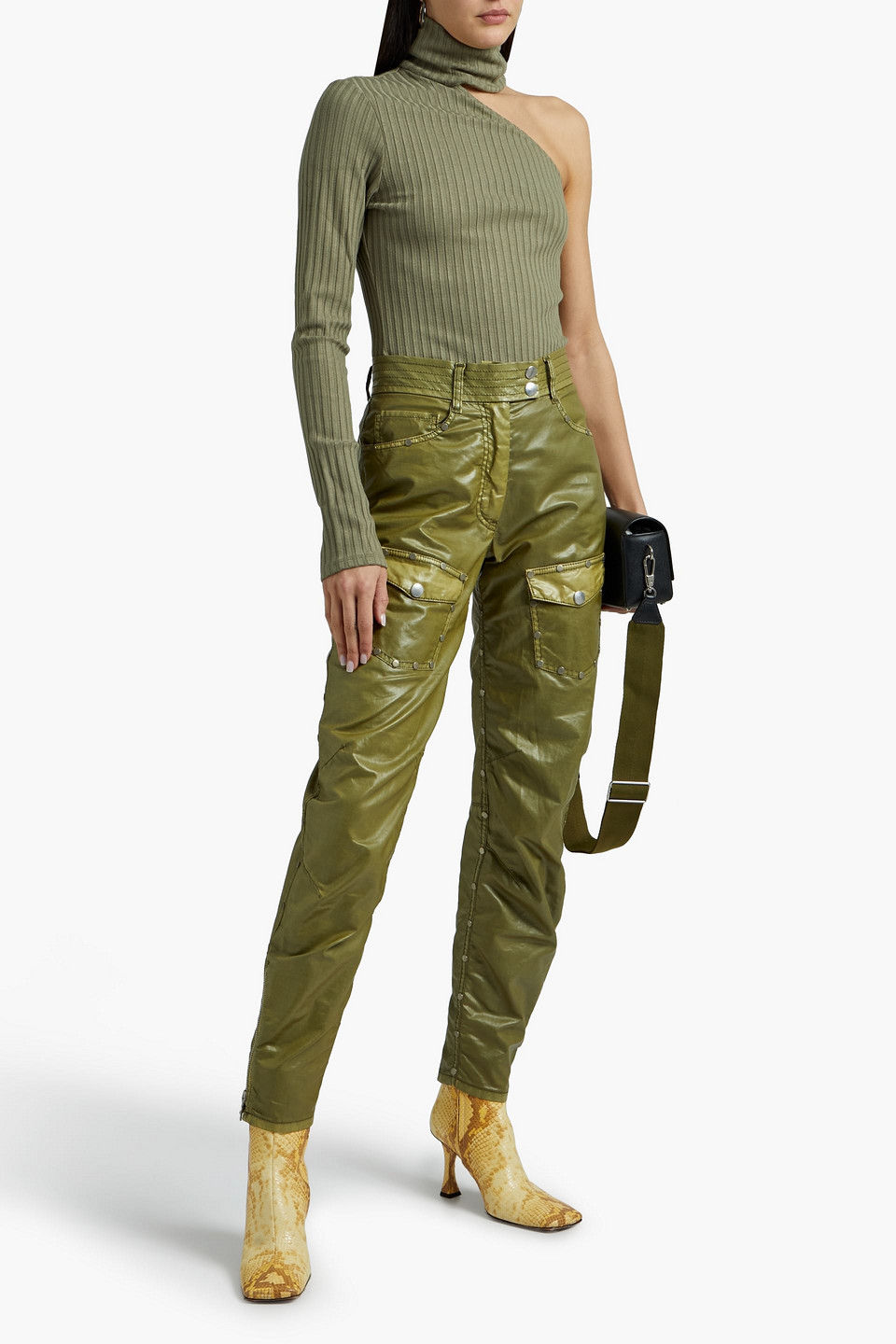 The Range One-sleeve Ribbed Jersey Turtleneck Top In Army Green