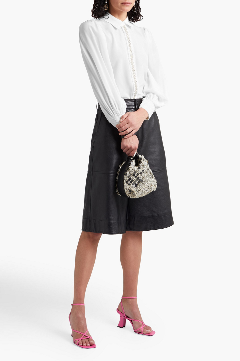 Alice And Olivia Willa Crystal-embellished Frayed Silk Crepe De Chine Shirt In White