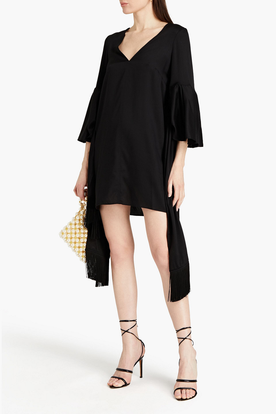 Mother Of Pearl Fringed Twill Mini Dress In Black