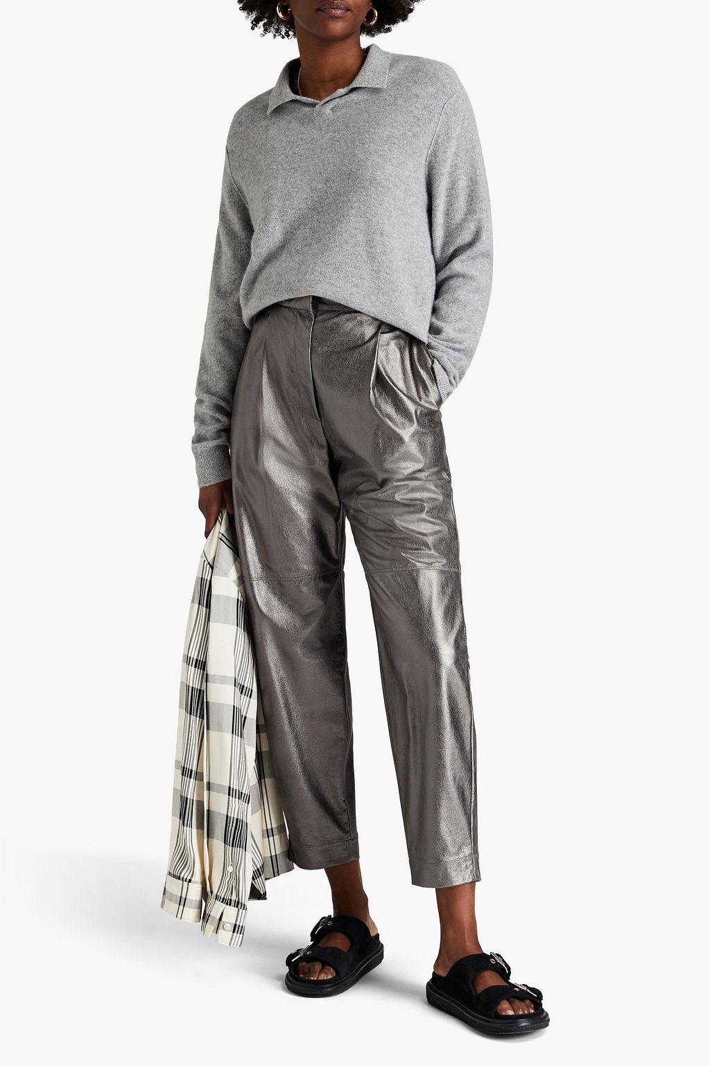BRUNELLO CUCINELLI Karottenhose aus strukturiertem Leder mit Metallic-Effekt