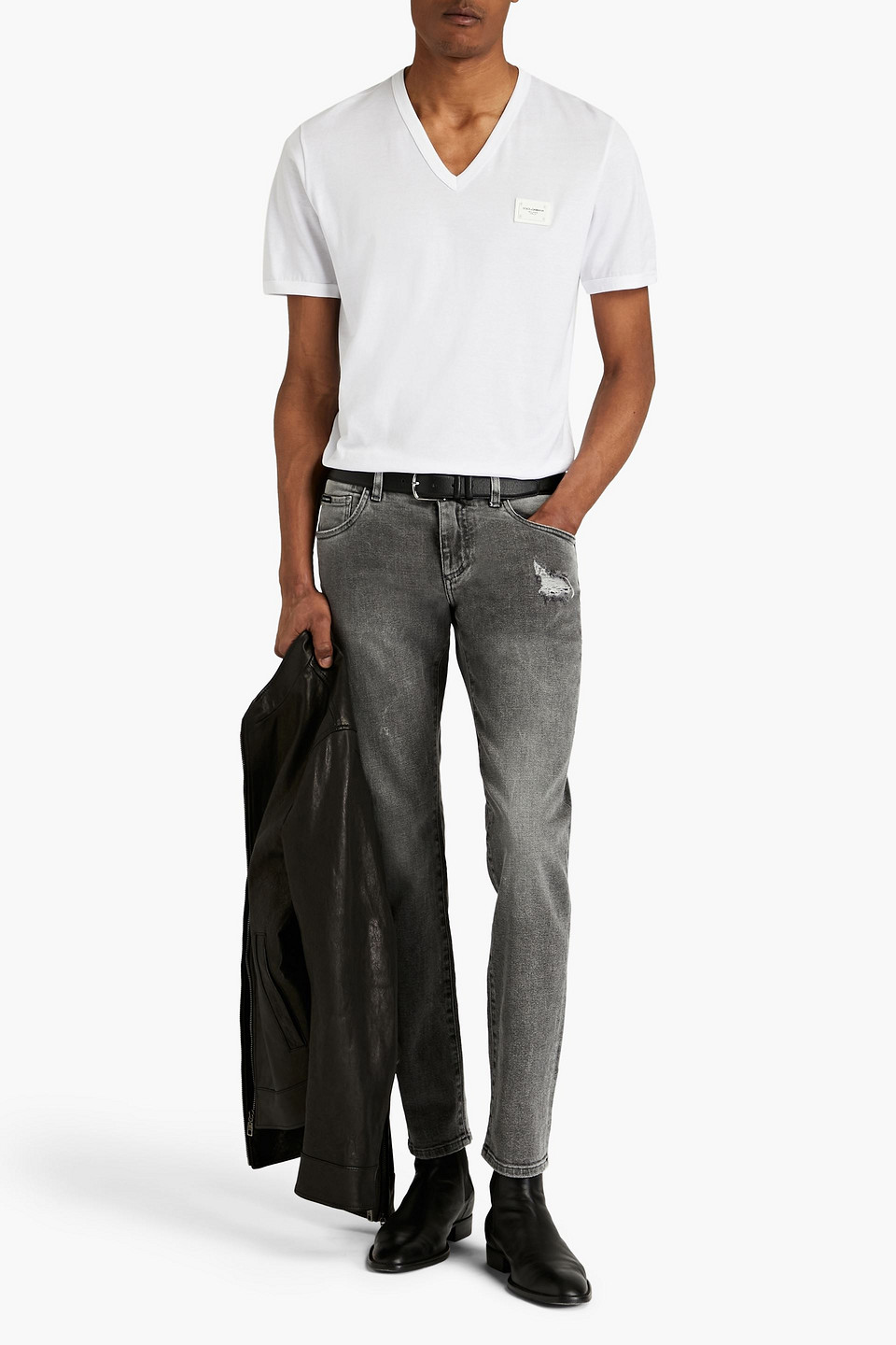 Dolce & Gabbana Man Slim-fit Distressed Denim Jeans In Grey