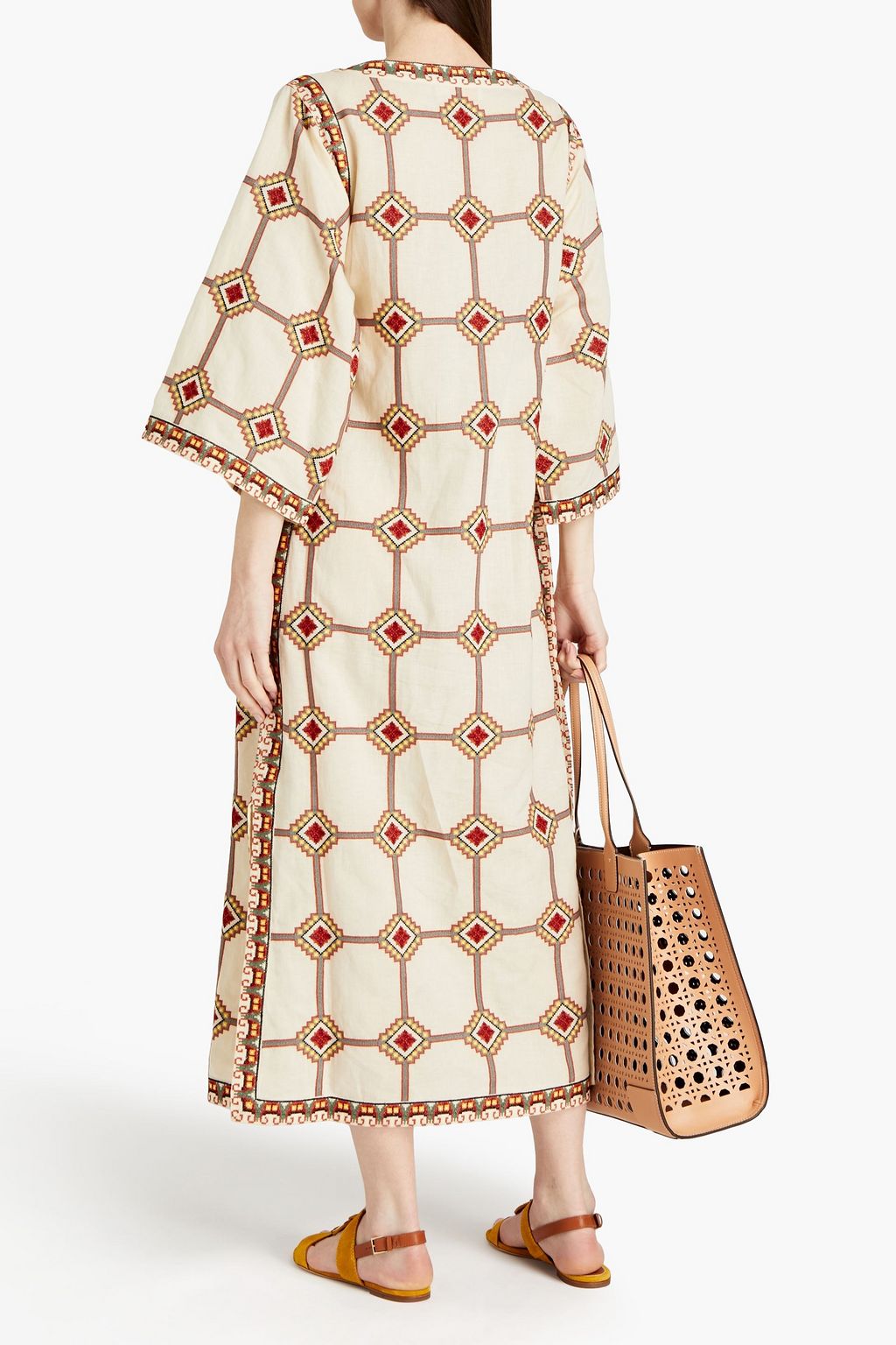 TORY BURCH قفطان من مزيج القطن والكتان مزين بزخارف