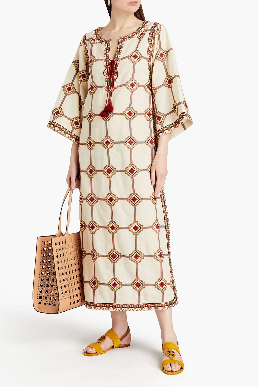 TORY BURCH قفطان من مزيج القطن والكتان مزين بزخارف