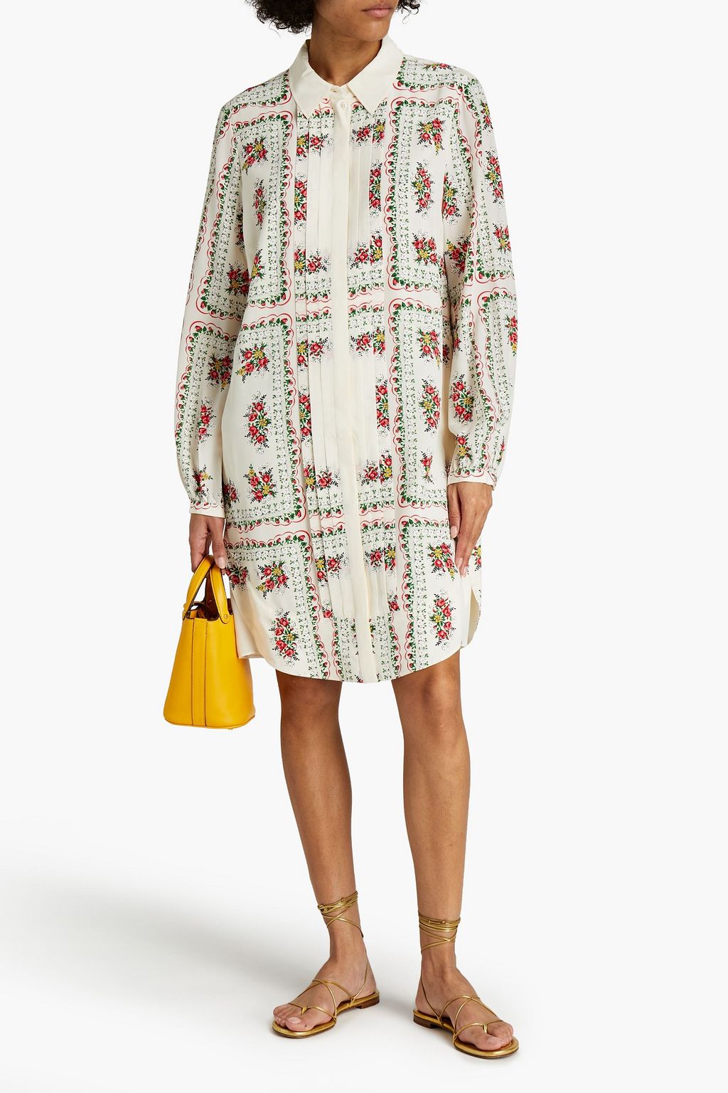 TORY BURCH فستان ’كورا’ على شكل قميص من قماش كريب دي شين الحريري مزين بطبعات على شكل زهور وبكسرات