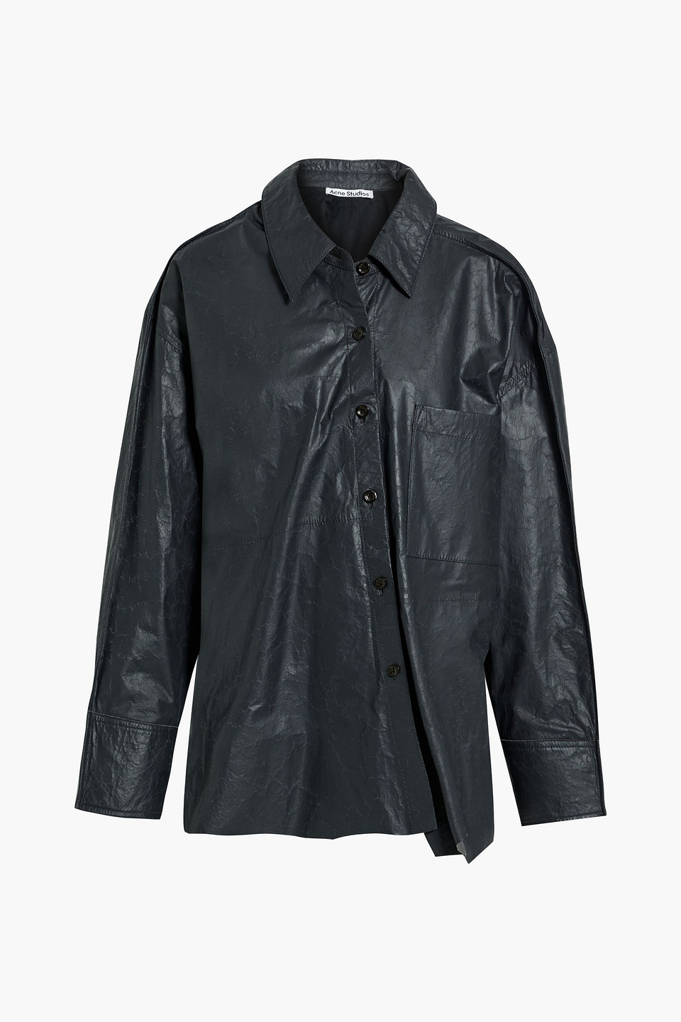 Oversized asymmetric coated crinkled-leather shirt