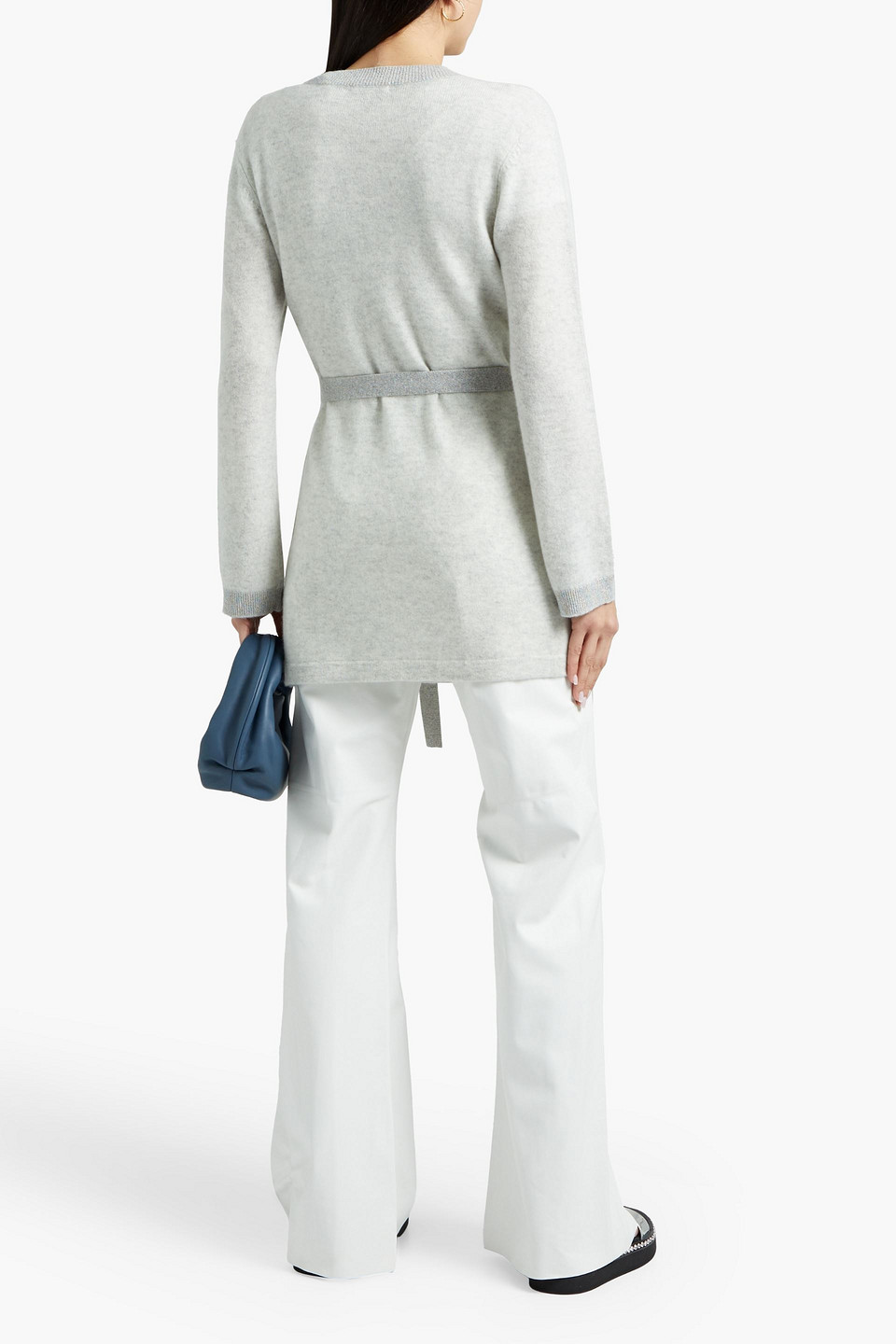 Shop Morgan Lane Bella Belted Metallic-trimmed Cashmere Robe In Light Gray