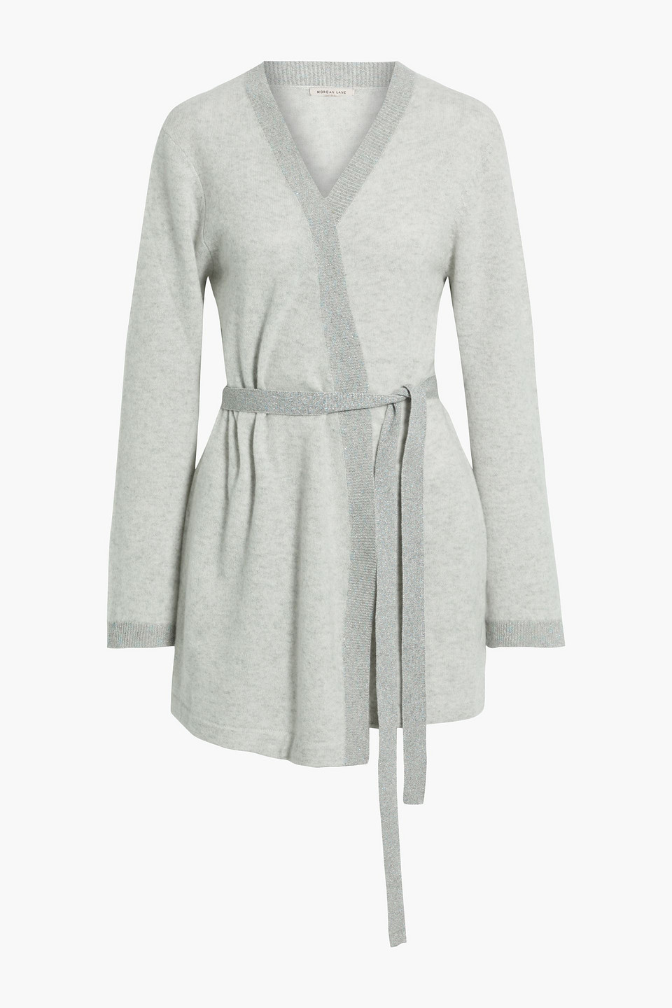 Morgan Lane Bella Belted Metallic-trimmed Cashmere Dressing Gown In Light Grey