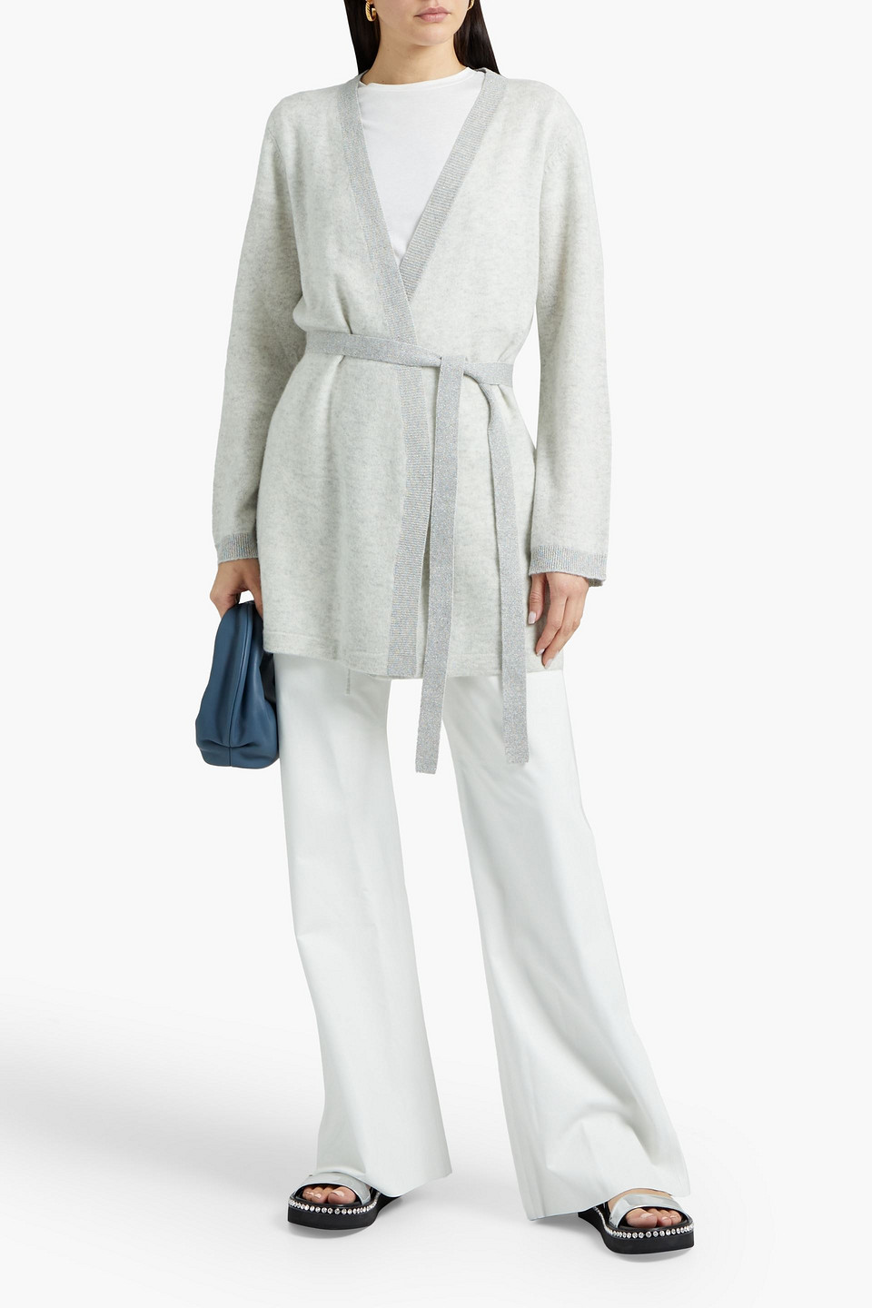 Shop Morgan Lane Bella Belted Metallic-trimmed Cashmere Robe In Light Gray