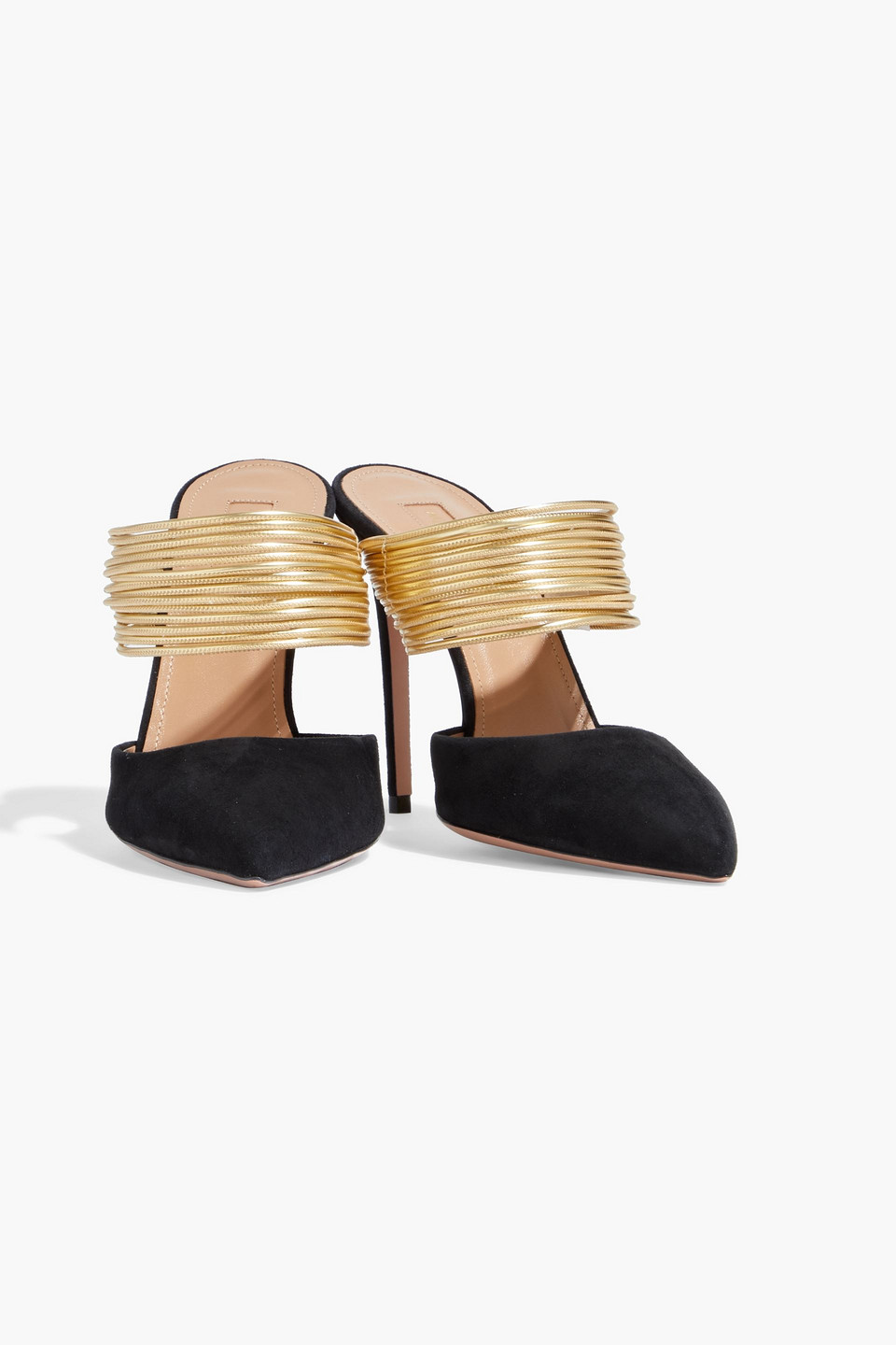 Aquazzura Rendez Vous 105 Suede And Metallic Faux Leather Mules In Gold