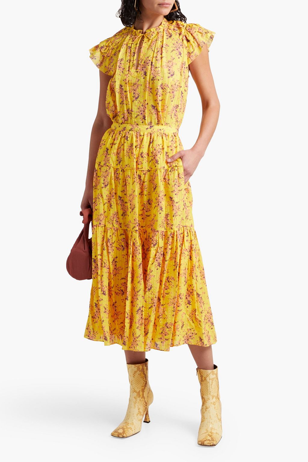 ULLA JOHNSON Auveline tiered floral-print cotton-blend jacquard midi skirt