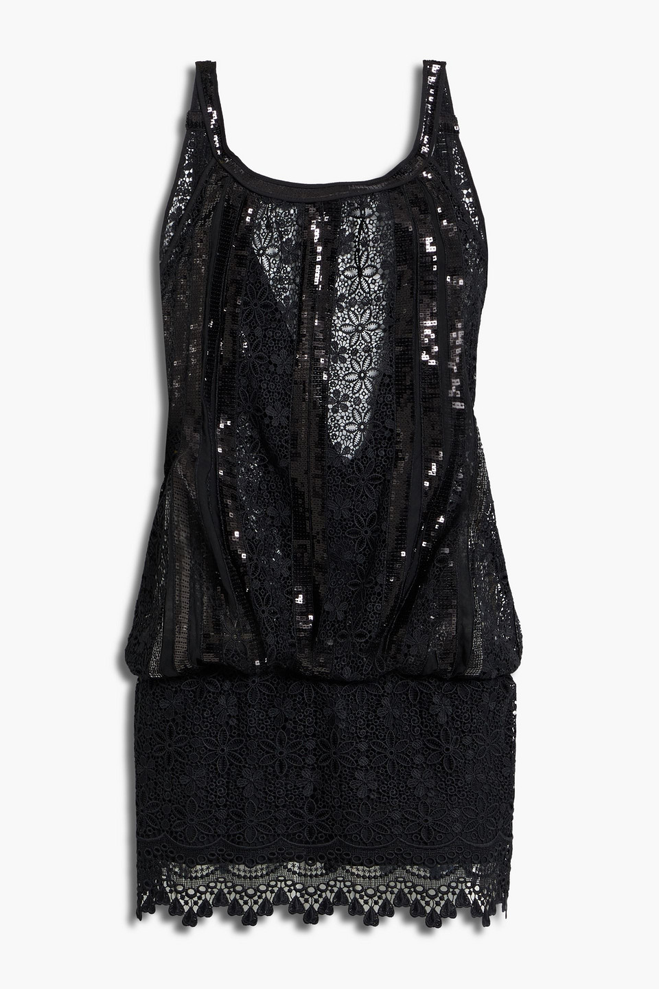 Sequin-embellished cotton-blend crocheted lace mini dress
