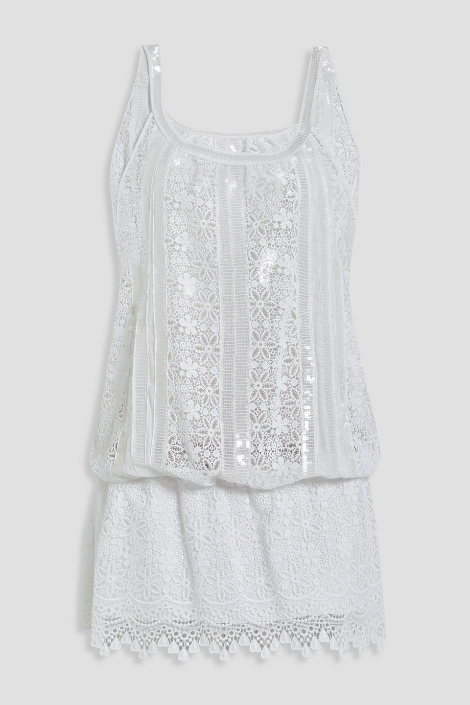 Open-back sequin-embellished crocheted lace mini dress