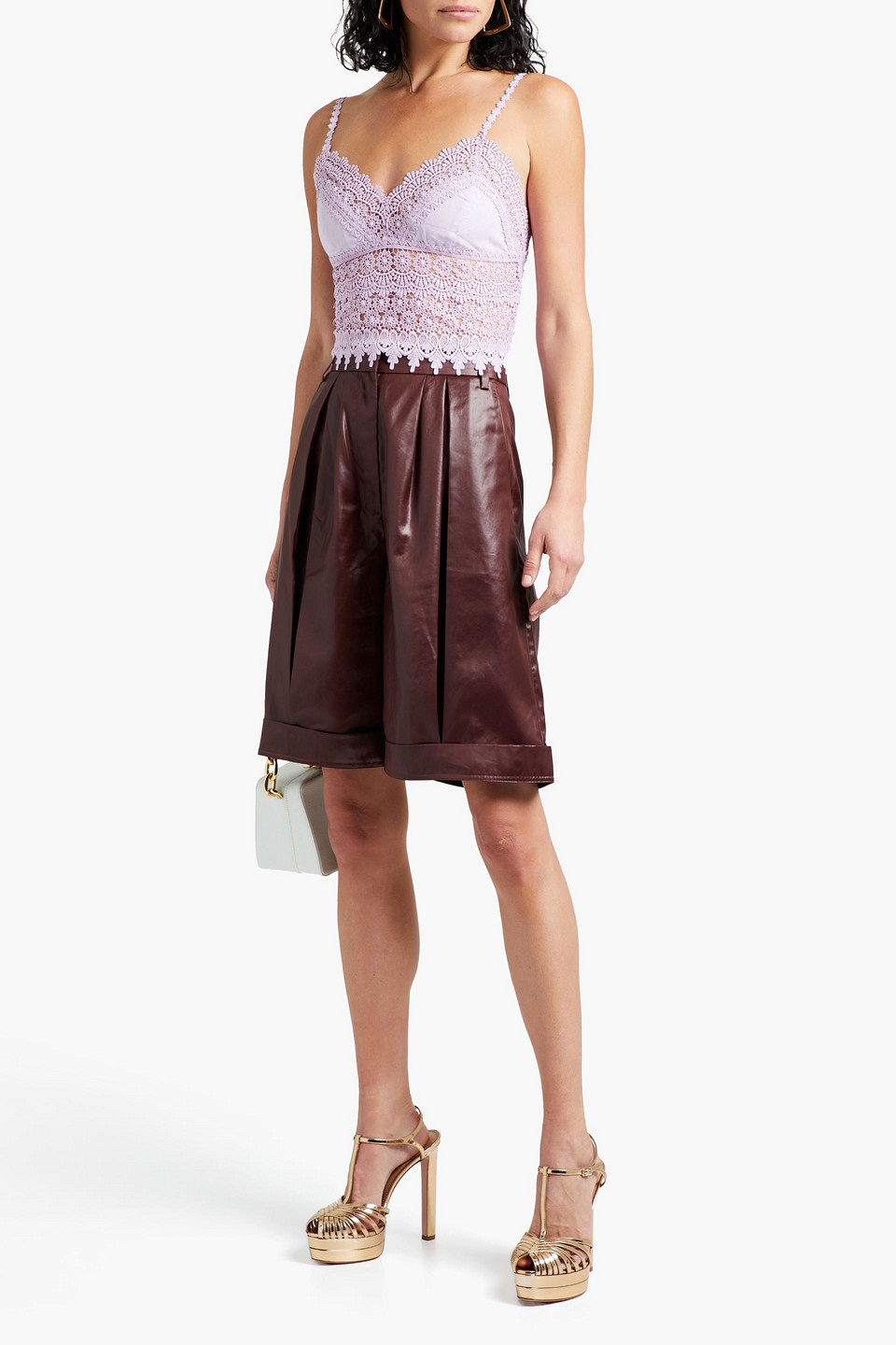 Charo Ruiz Dana Shirred Crocheted Lace And Cotton-blend Voile  Top In Lilac