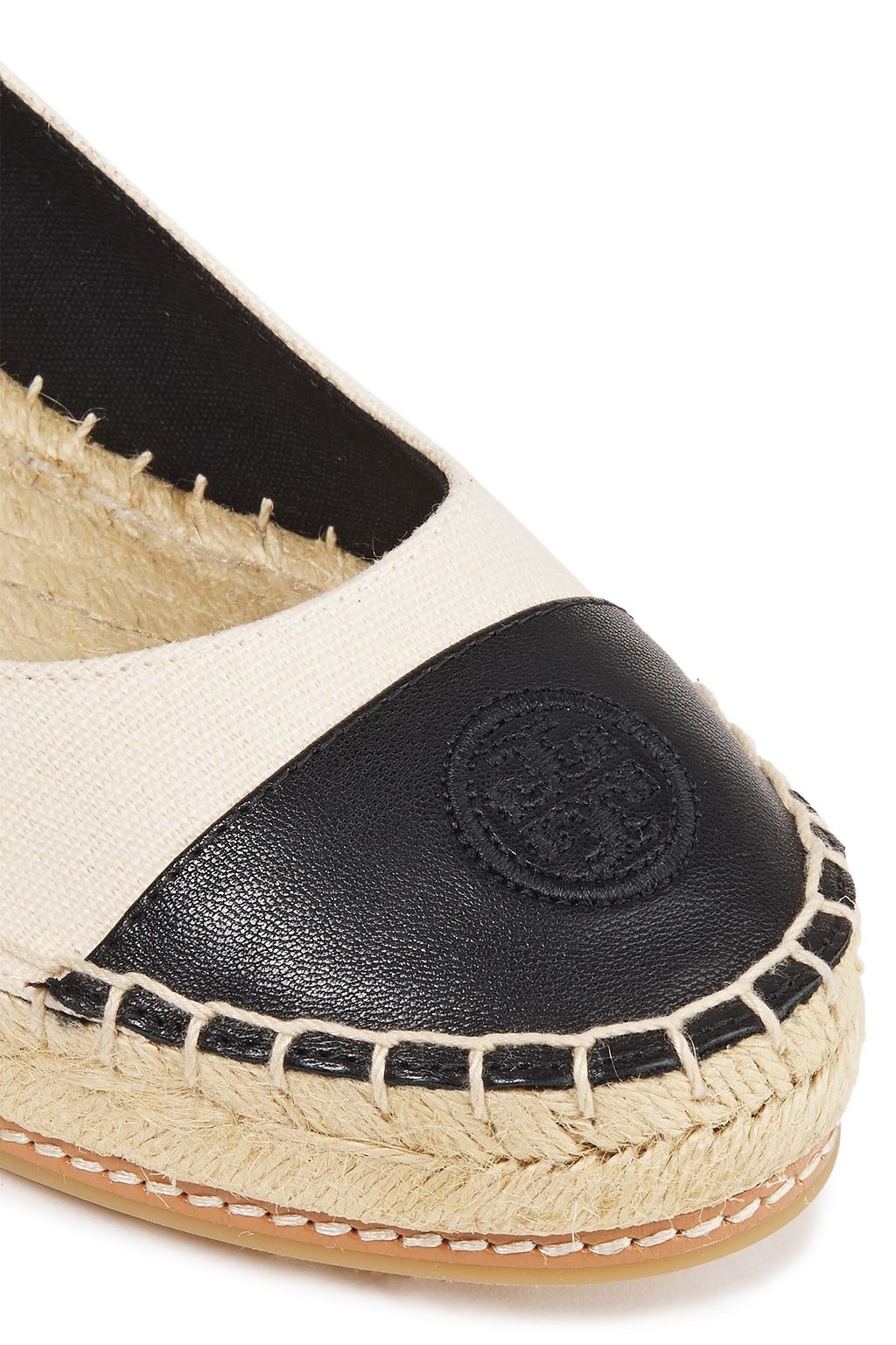 TORY BURCH Perfect 50 embroidered leather-trimmed canvas wedge espadrilles