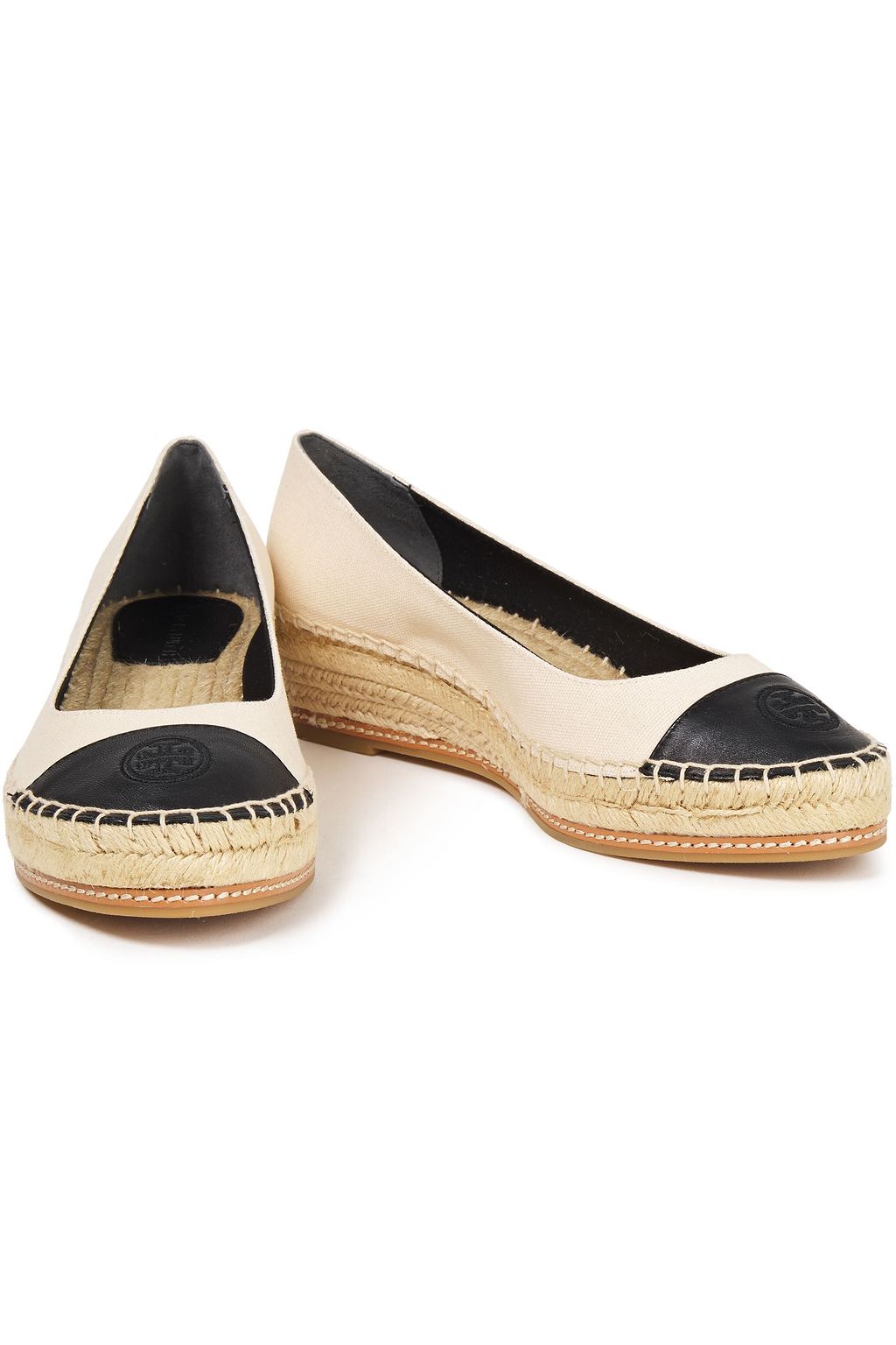 TORY BURCH Perfect 50 embroidered leather-trimmed canvas wedge espadrilles