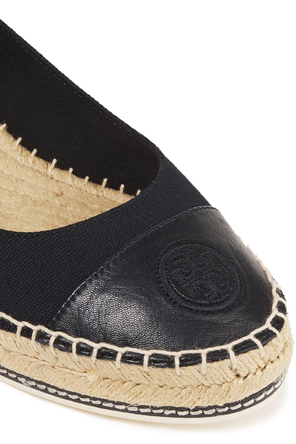 TORY BURCH Perfect 50 embroidered leather-trimmed canvas wedge espadrilles