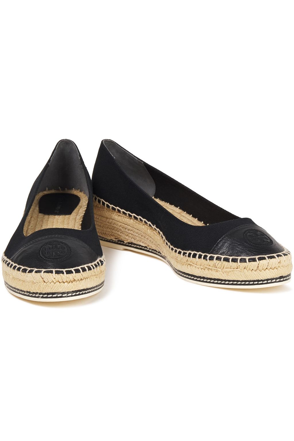 TORY BURCH Perfect 50 embroidered leather-trimmed canvas wedge espadrilles