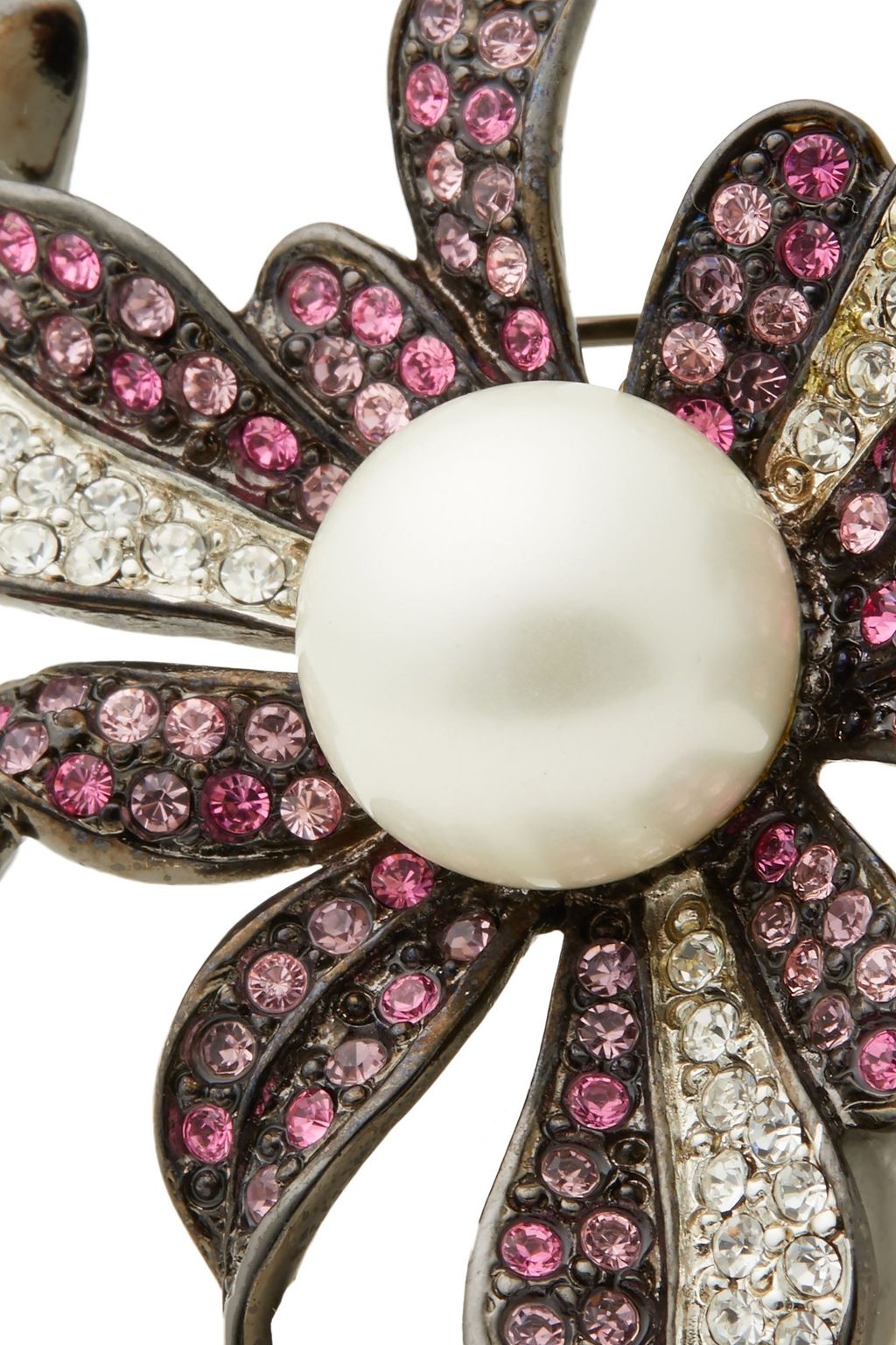 KENNETH JAY LANE Gunmetal-tone, crystal and faux pearl brooch