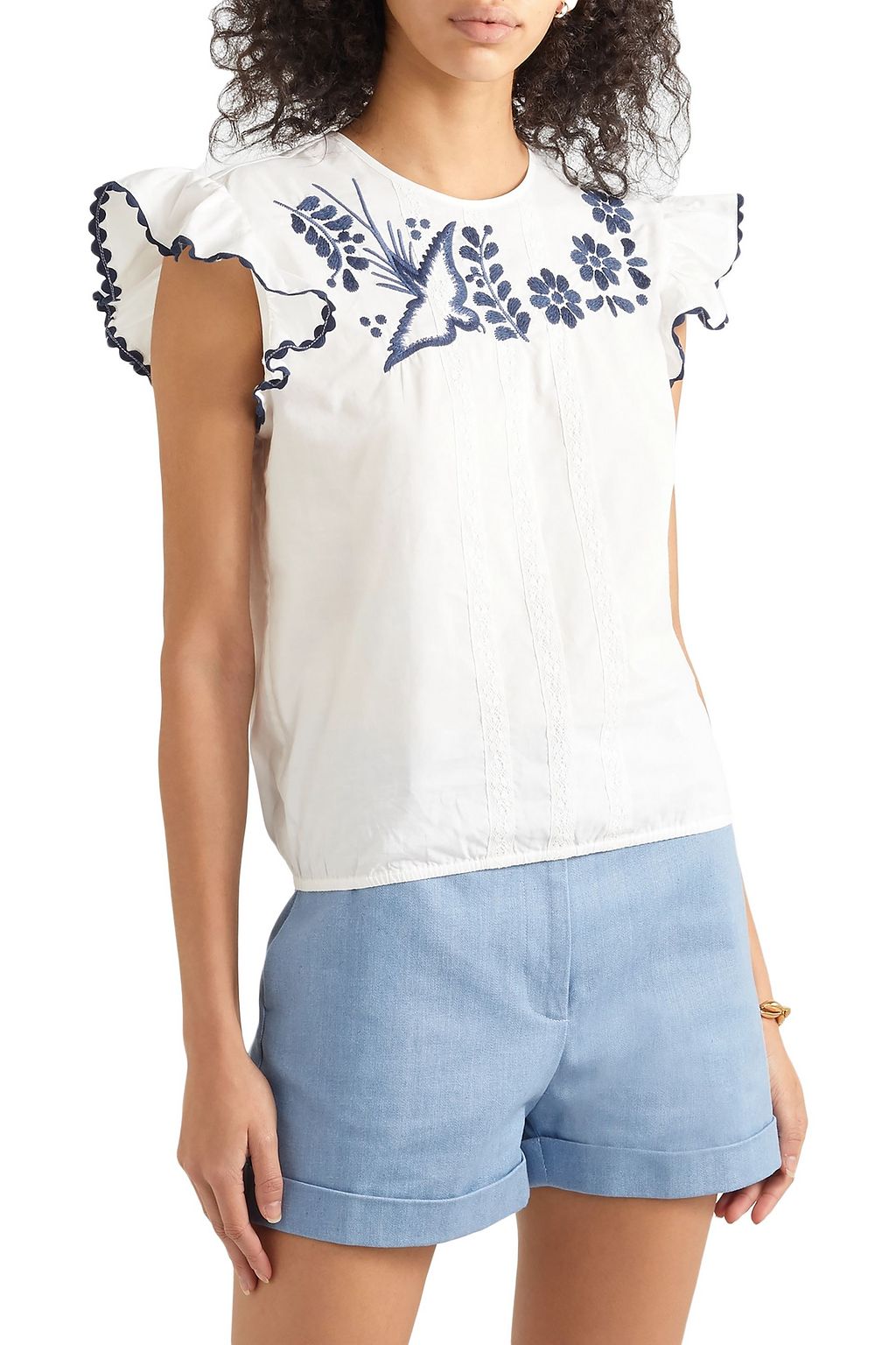REDVALENTINO Lace-trimmed embroidered cotton-poplin blouse