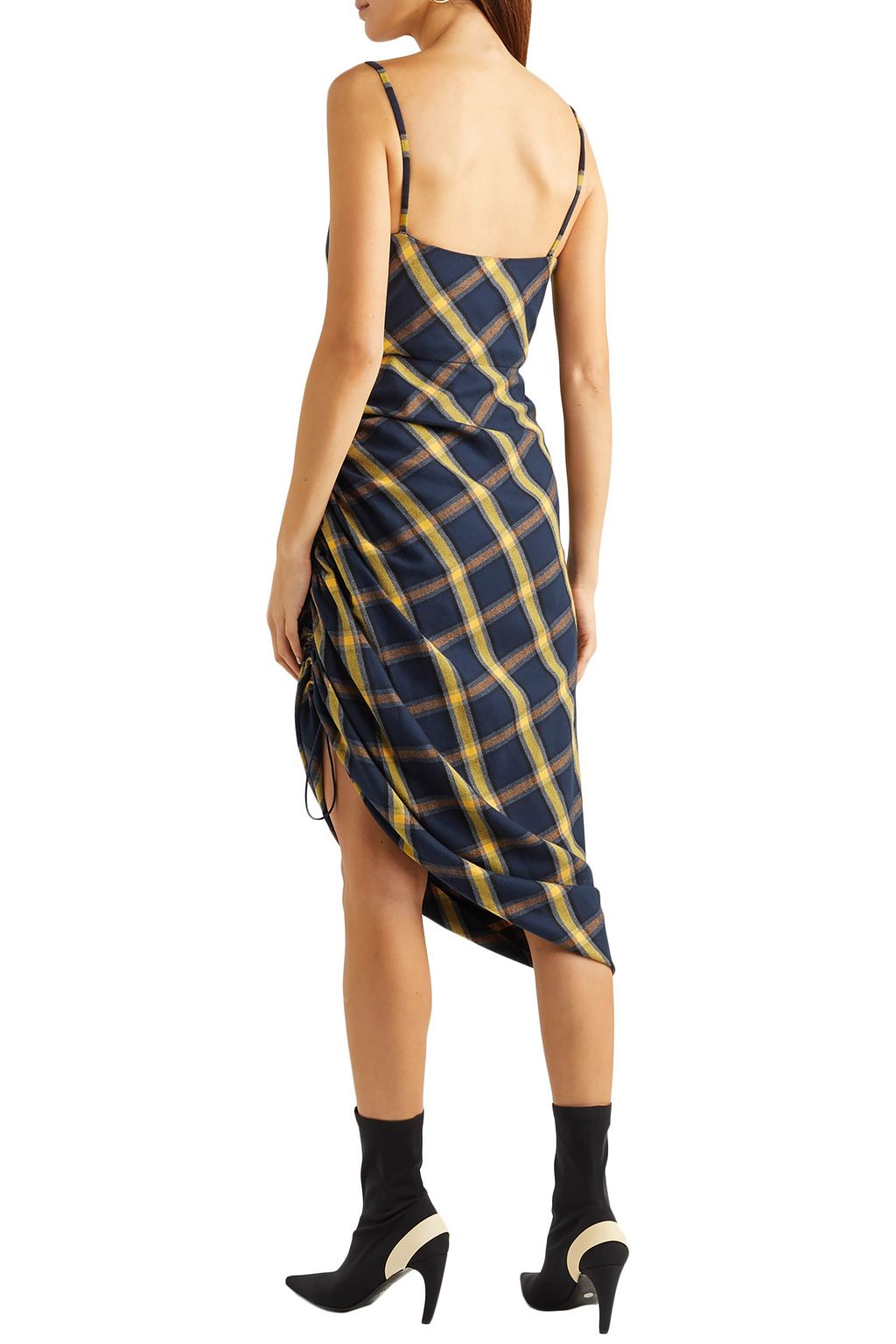 MONSE Asymmetric ruched checked brushed-cotton midi dress