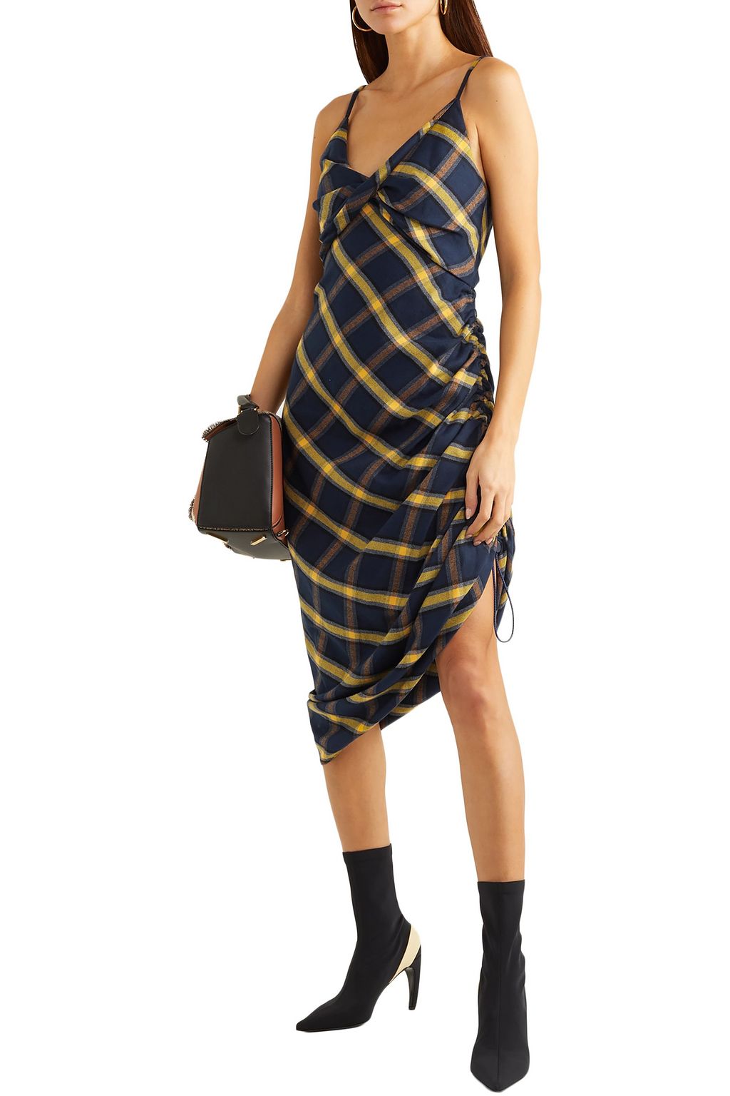MONSE Asymmetric ruched checked brushed-cotton midi dress