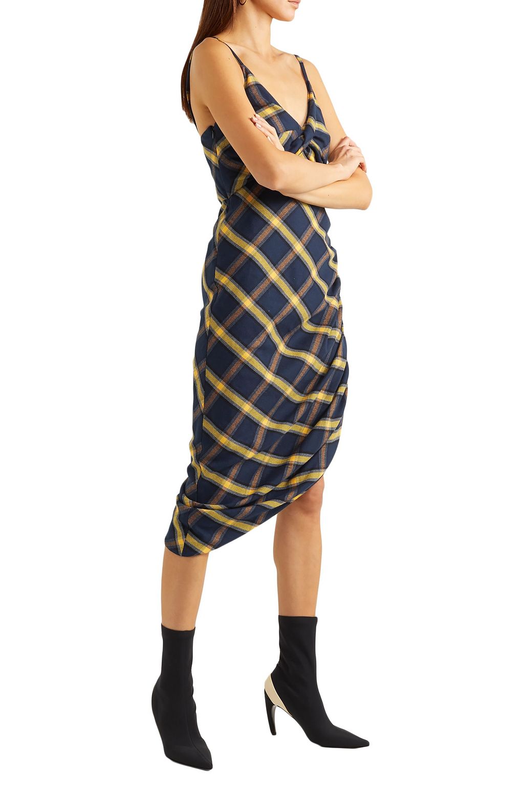 MONSE Asymmetric ruched checked brushed-cotton midi dress