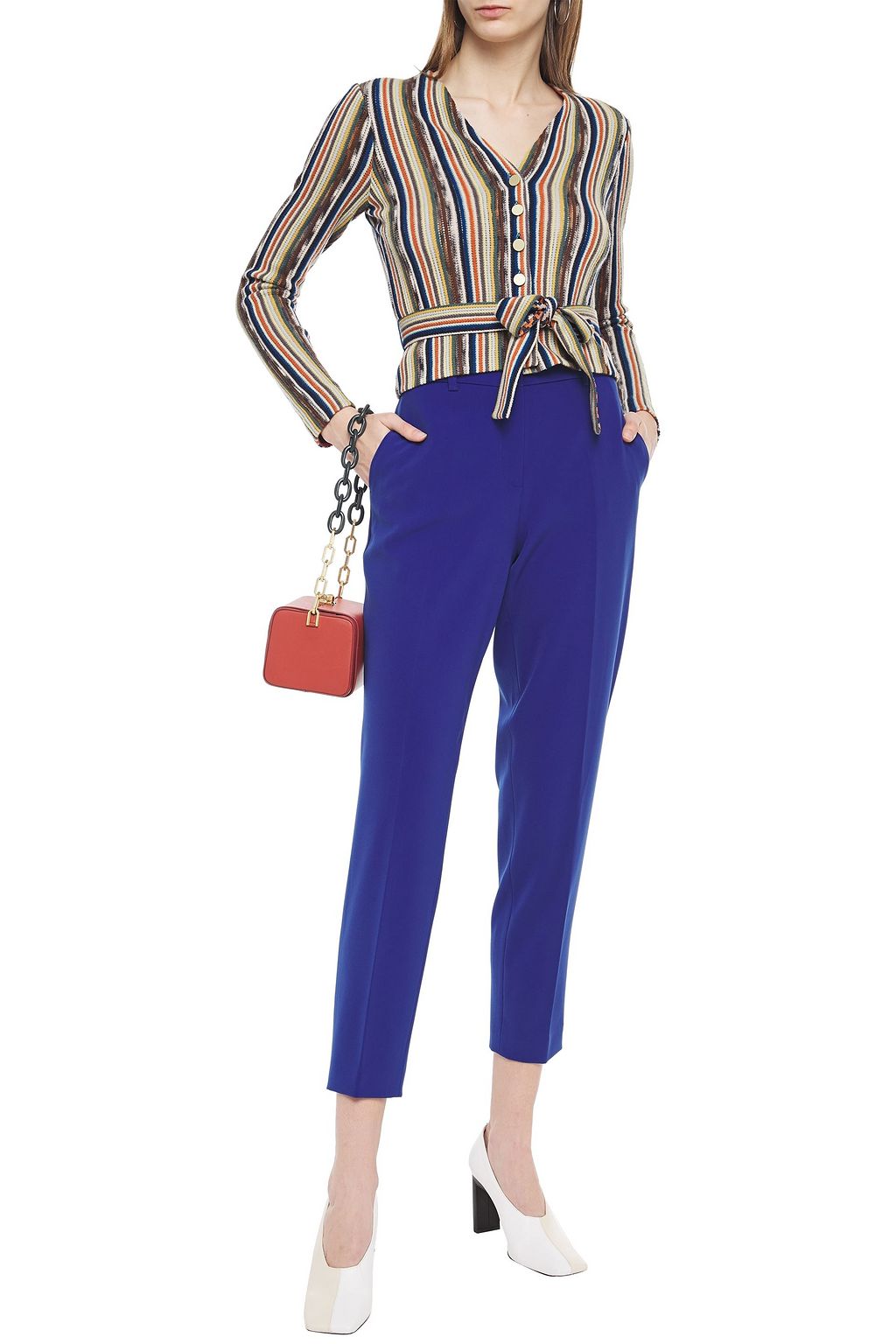 MISSONI Belted striped ribbed wool-blend cardigan