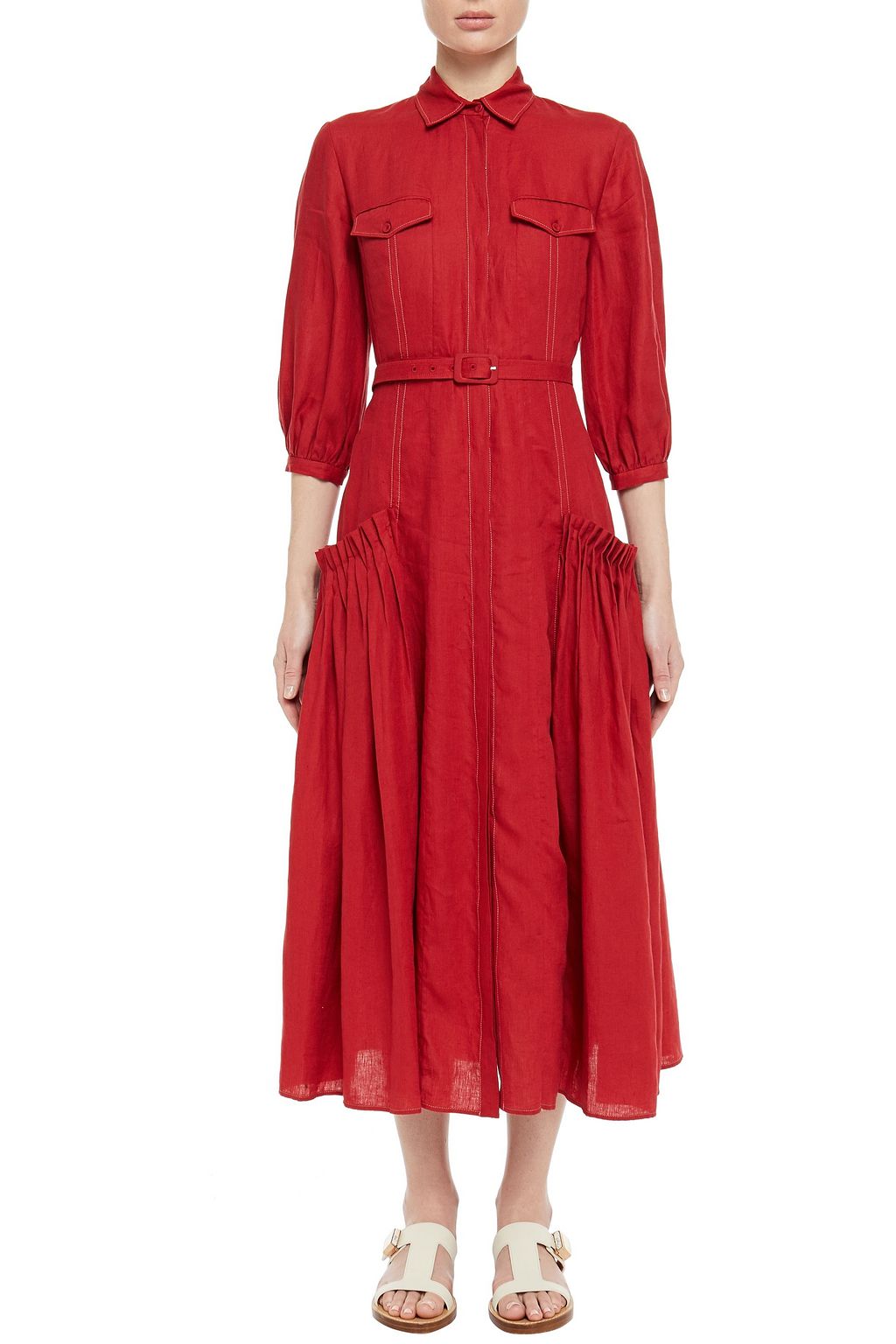 GABRIELA HEARST Woodward belted pleated linen midi shirt dress