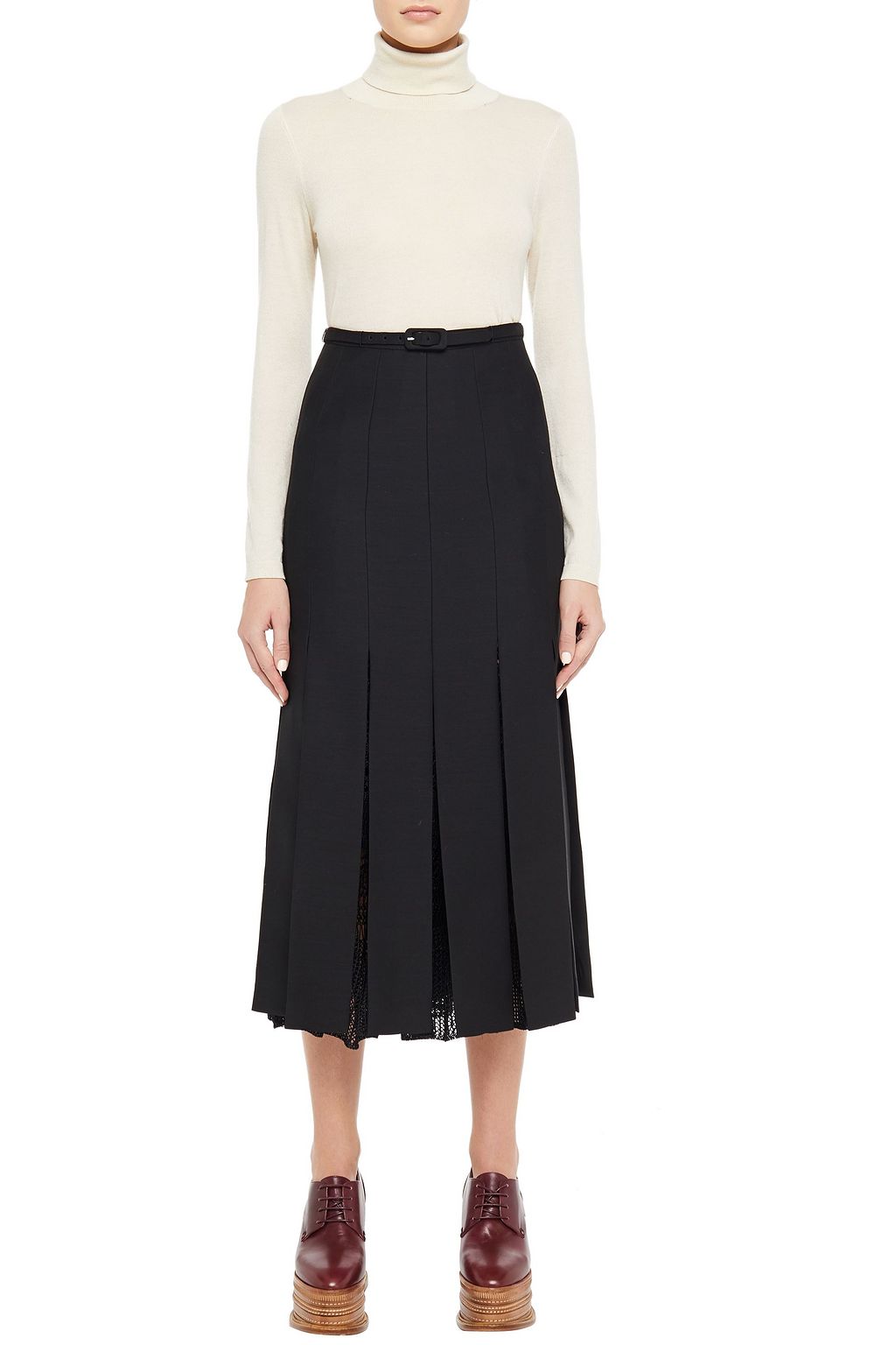 GABRIELA HEARST Crochet-paneled pleated wool and silk-blend midi skirt