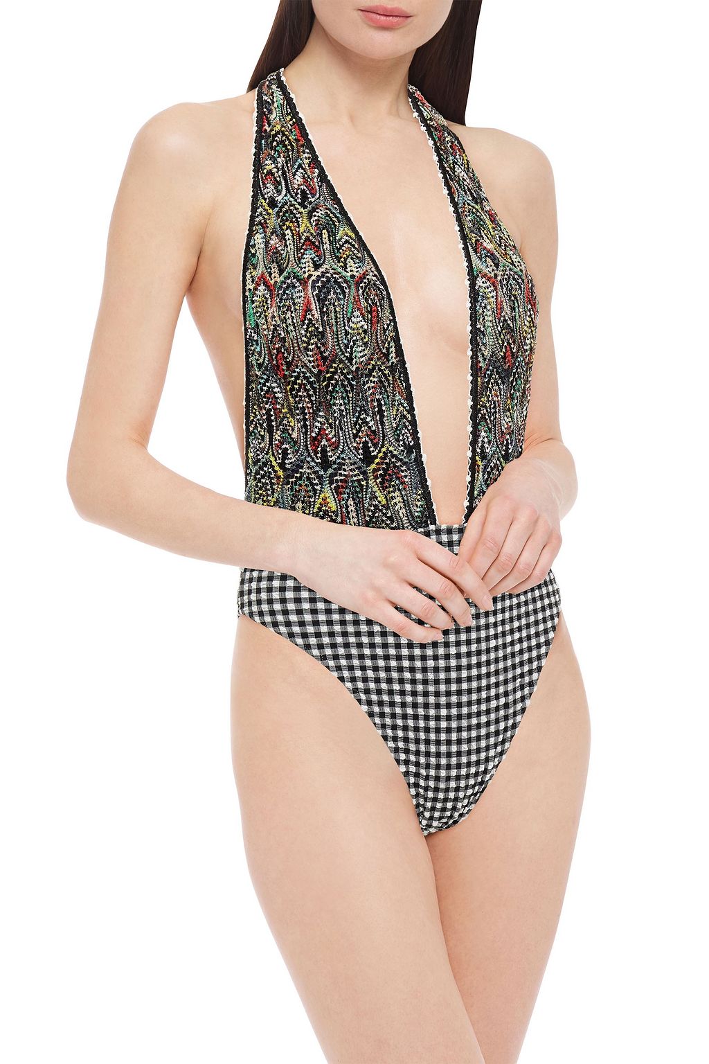 MISSONI MARE Mare paneled crochet-knit and checked seersucker halterneck swimsuit