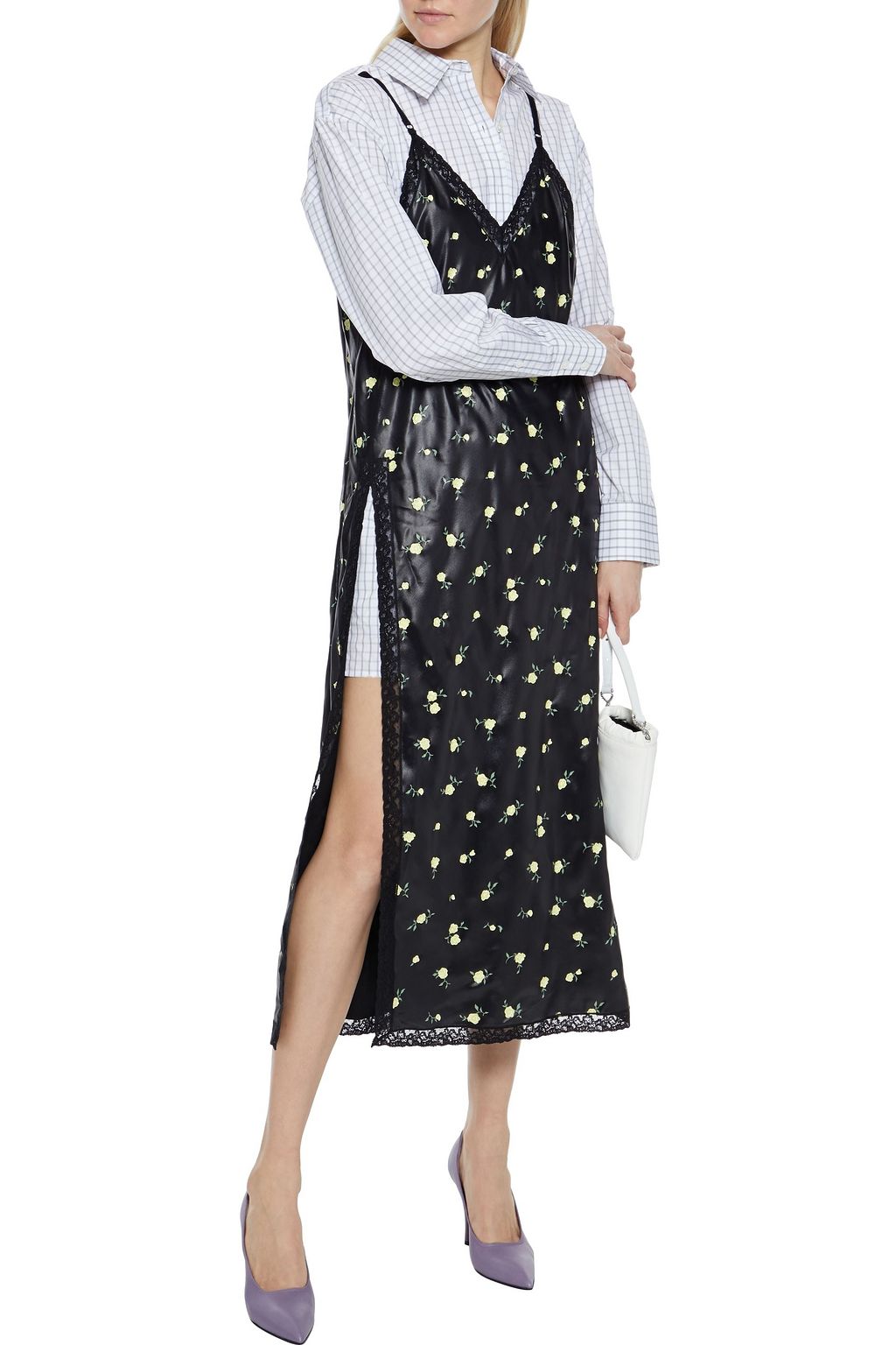 ALEXANDER WANG Layered floral-print satin and checked cotton-poplin dress
