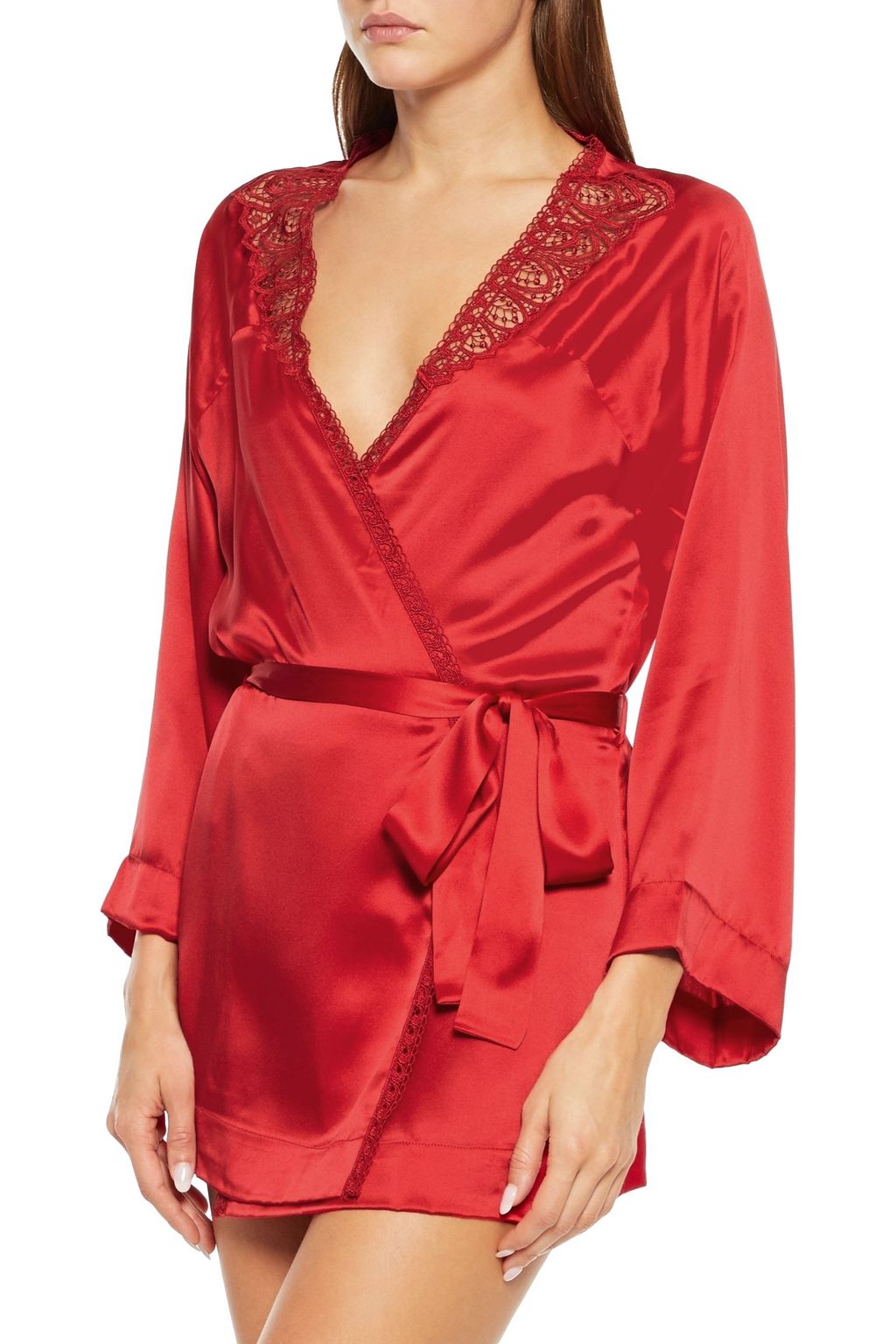 SIMONE PÉRÈLE Guipure lace-trimmed silk-blend satin robe