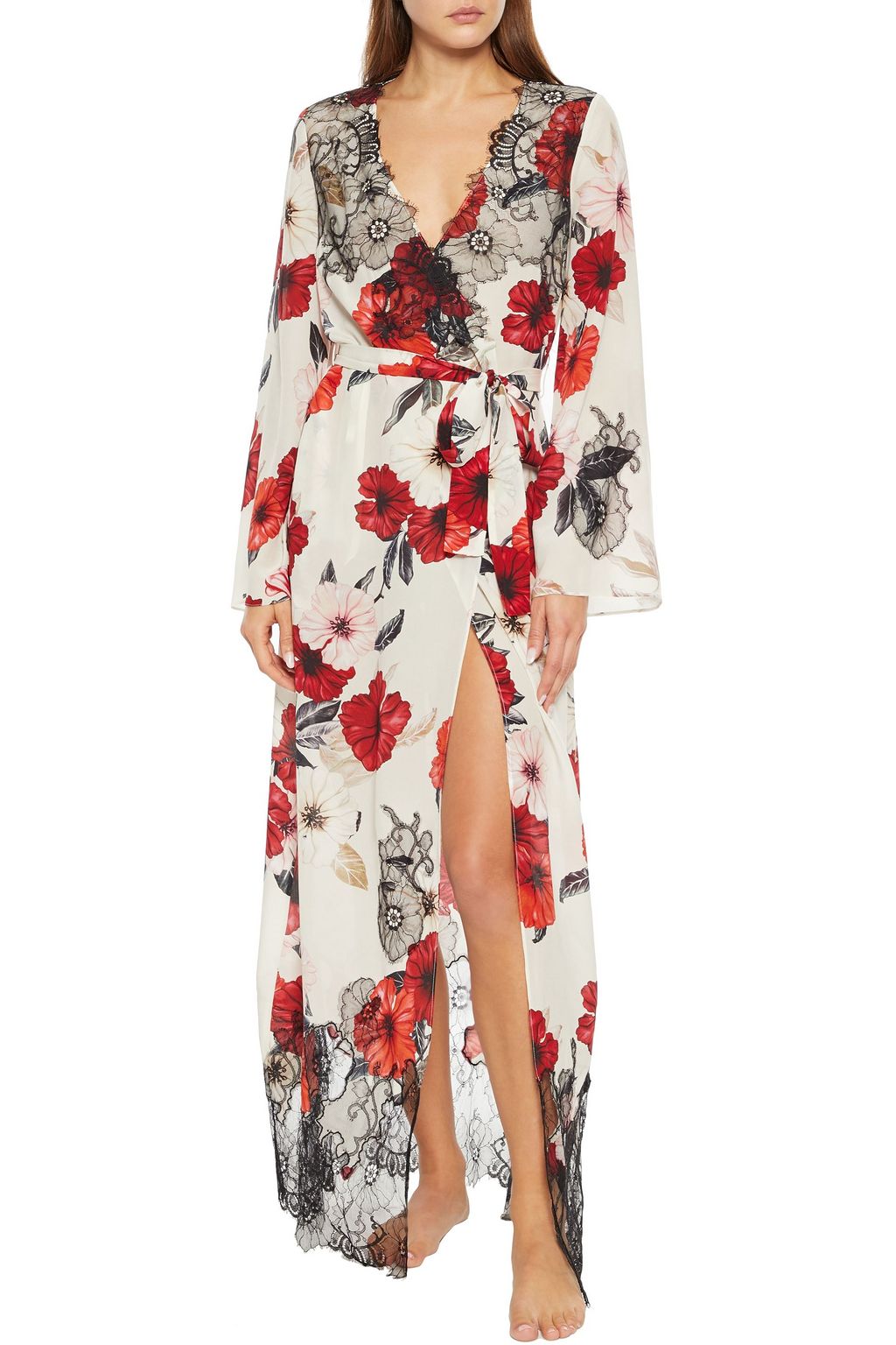 MYLA Pansy Gardens Chantilly lace-paneled floral-print silk crepe de chine robe