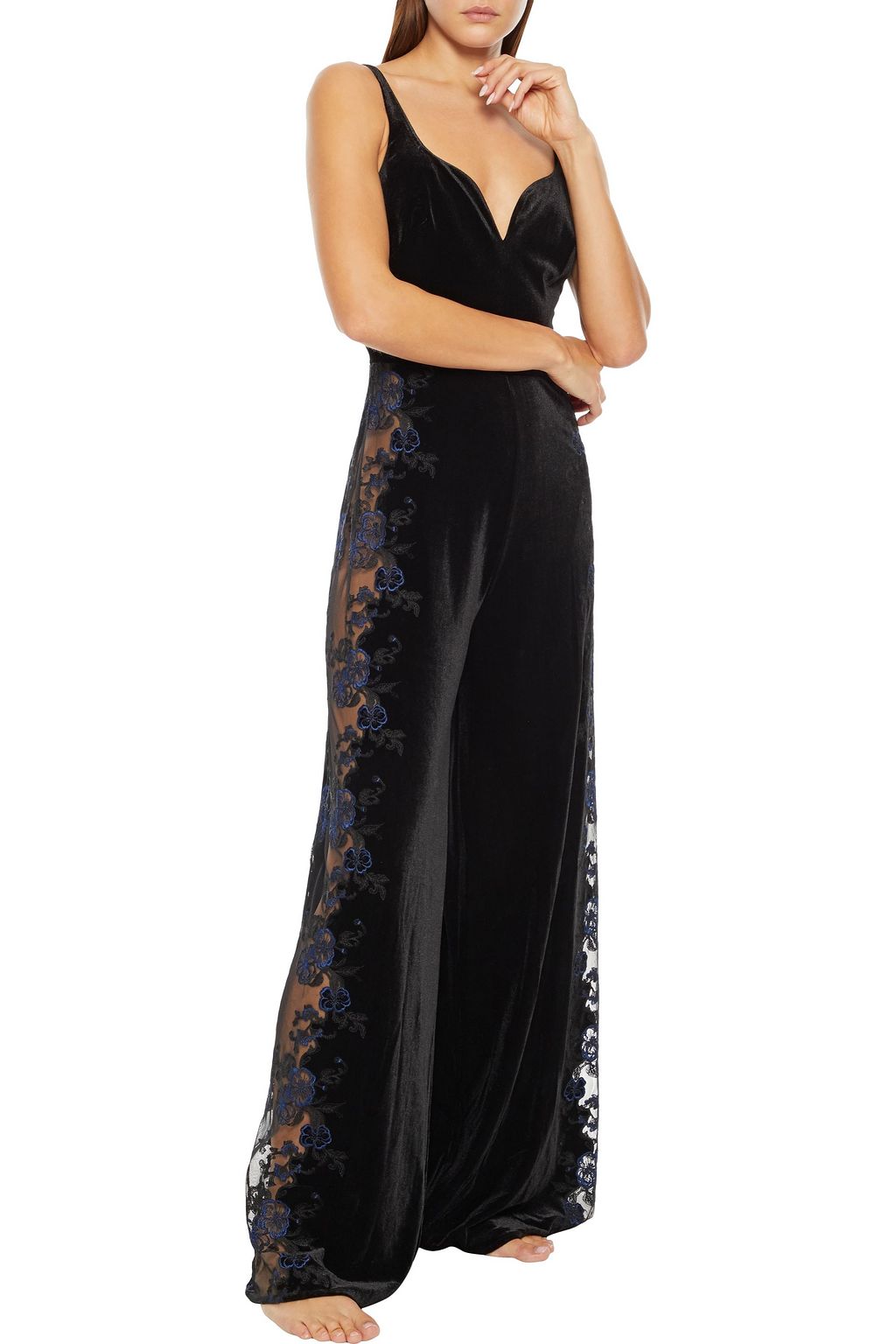 MYLA Devonshire Place embroidered tulle-paneled velvet wide-leg jumpsuit