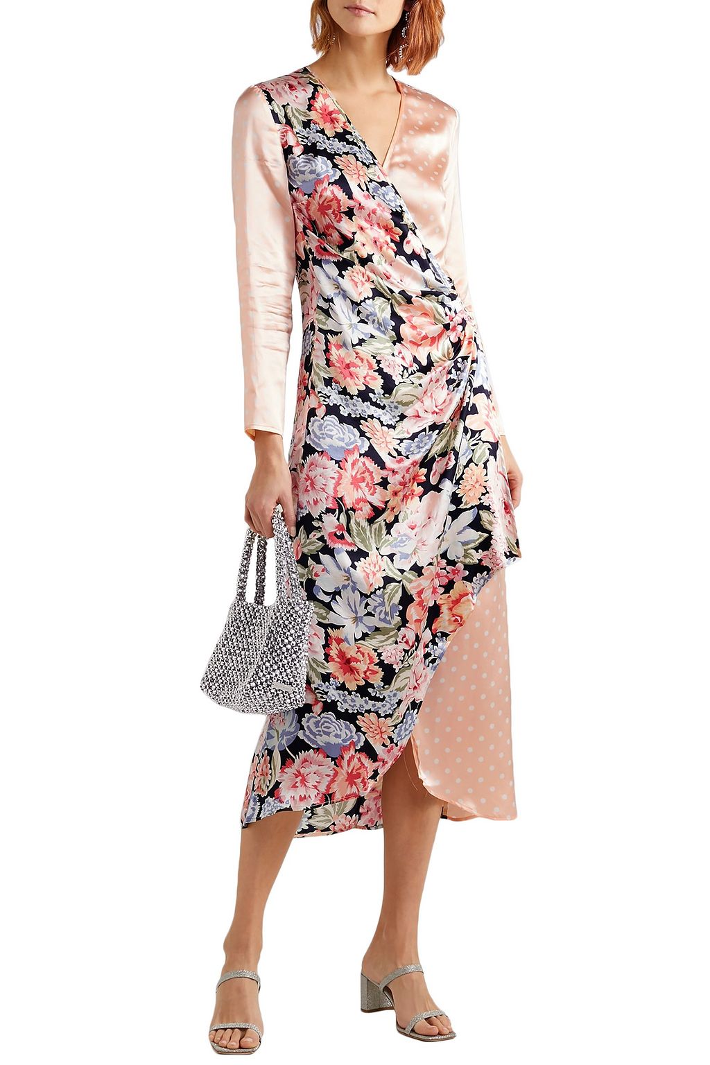 RIXO Betty printed satin wrap midi dress