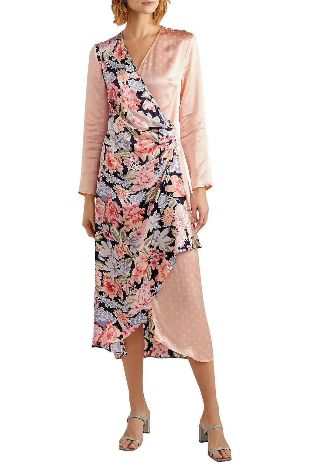 RIXO Betty printed satin wrap midi dress