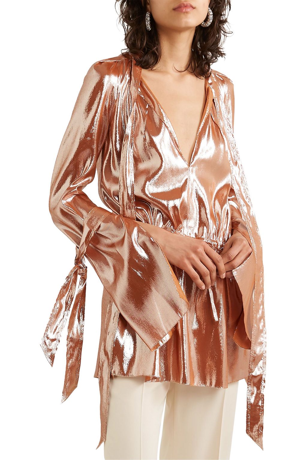 ROLAND MOURET Greenan pussy-bow silk-blend lamé tunic