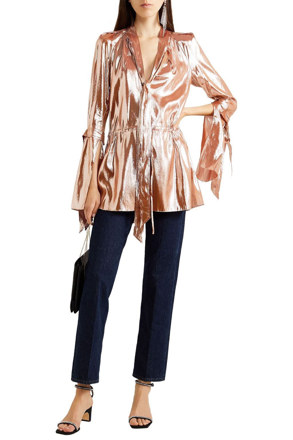 ROLAND MOURET Greenan pussy-bow silk-blend lamé tunic