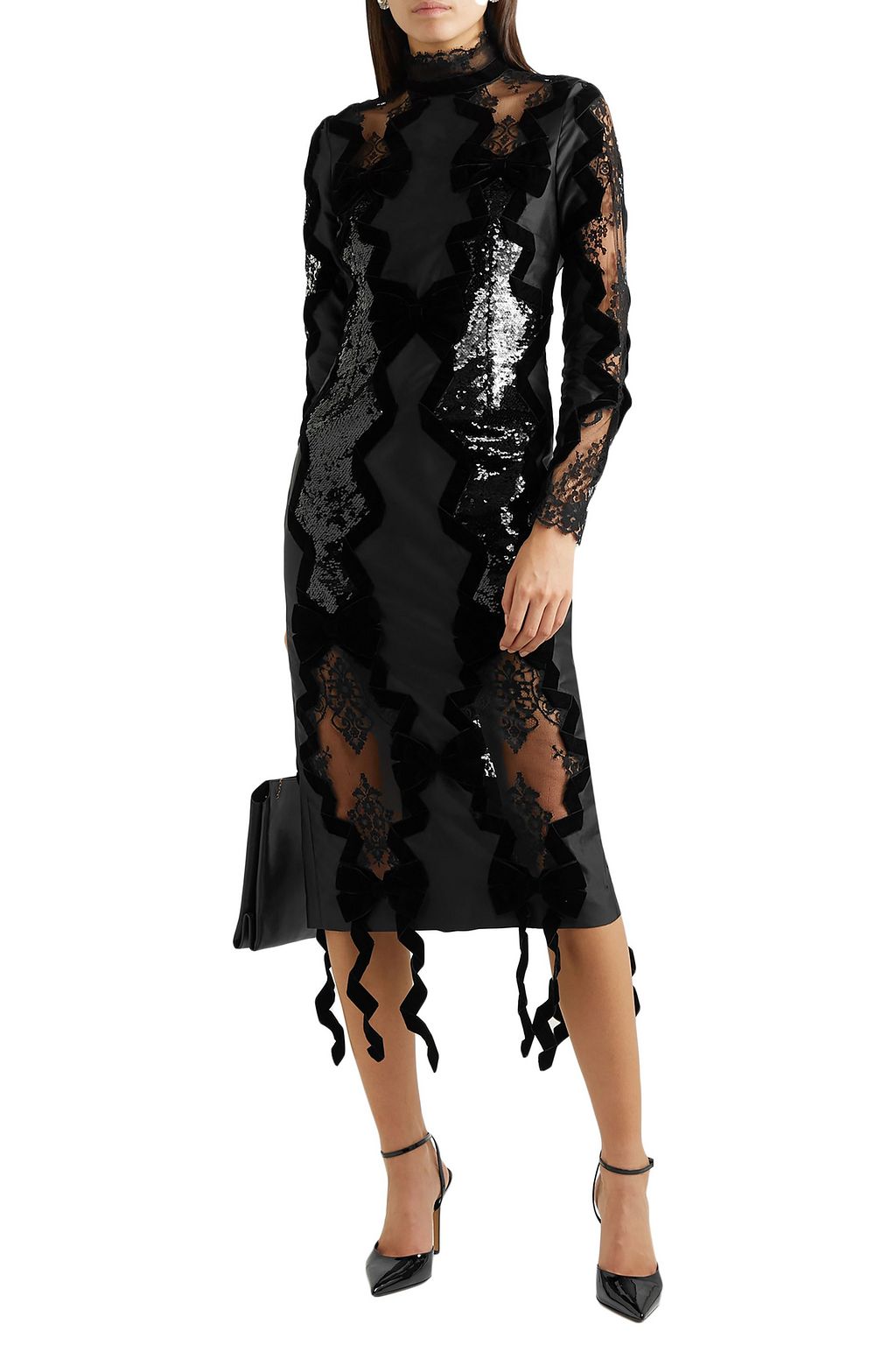ERDEM Diletta velvet-trimmed sequined satin and lace midi dress