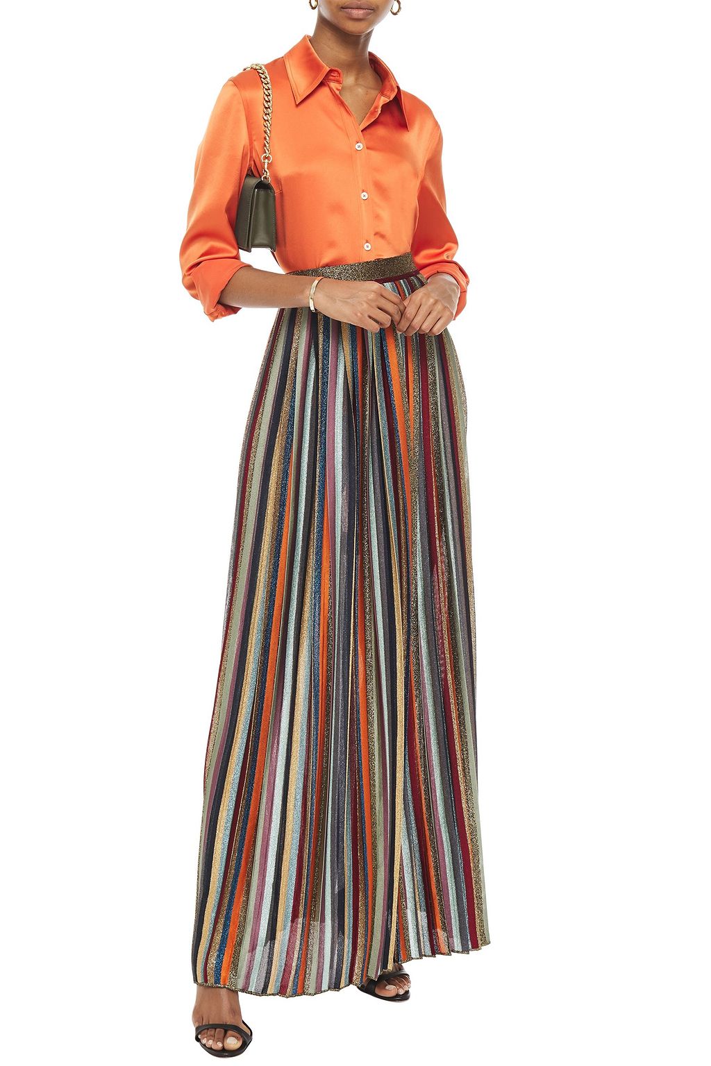 MISSONI Pleated striped metallic knitted maxi skirt